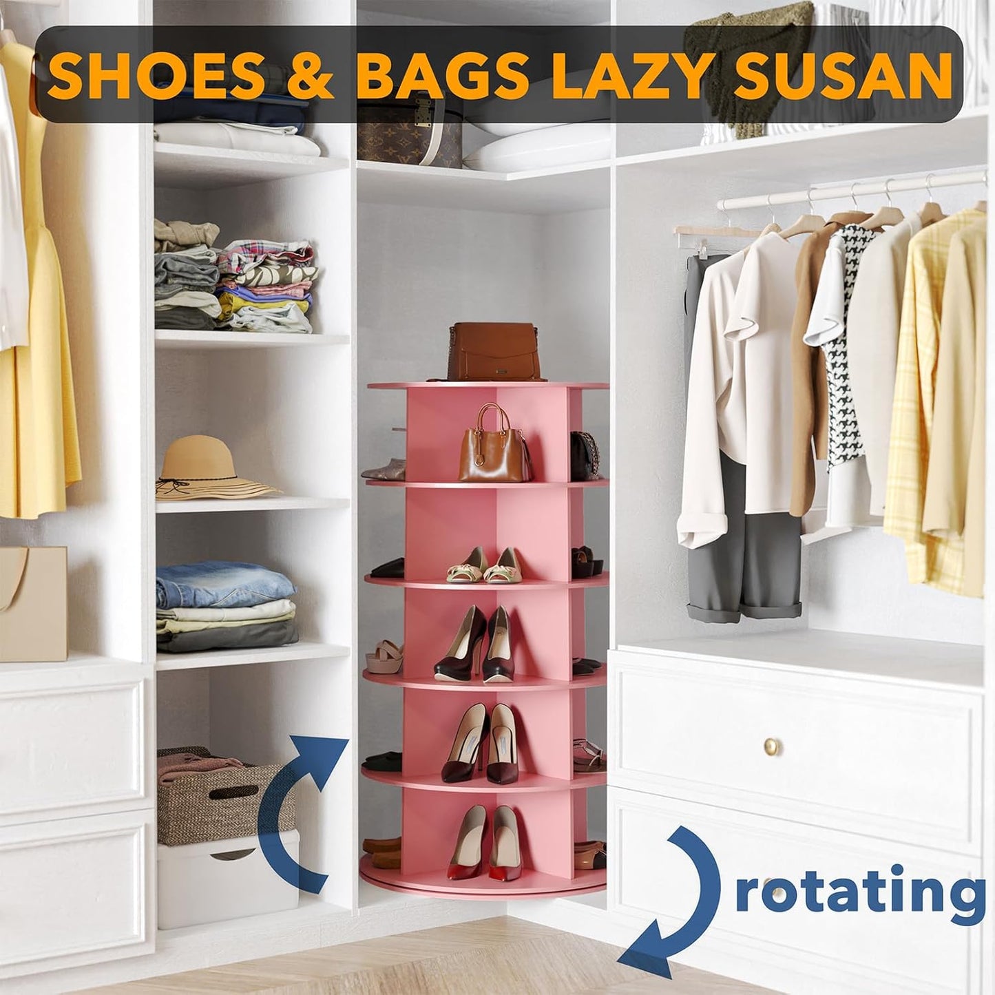 SpaceAid 5 Tier Rotating Shoe Rack Tower, Spinning Shoe Display Lazy Susan, Revolving 360 Shoe Rack Storage Round Carousel, Vertical Handbag Rotate Shoes Closet Organization (5-Tier Pink)