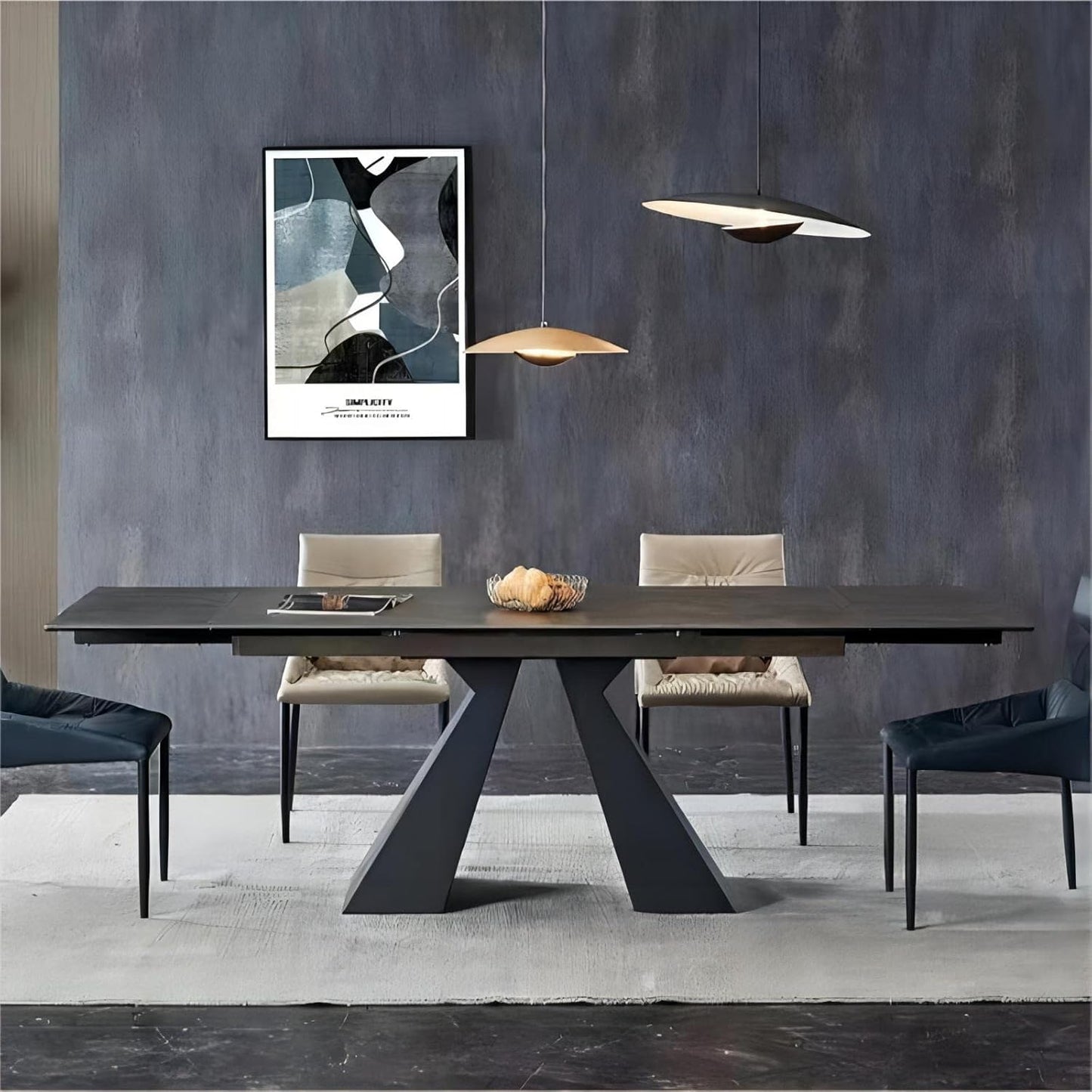 Extendable Dining Table for 8-12 Seat, Flexible Stretch, Tabletop Made from Rock Plate and Tempered Glass, Solid Carbon Steel Base, 35.4" D x 94.5" W x 30" H, Dark Grey
