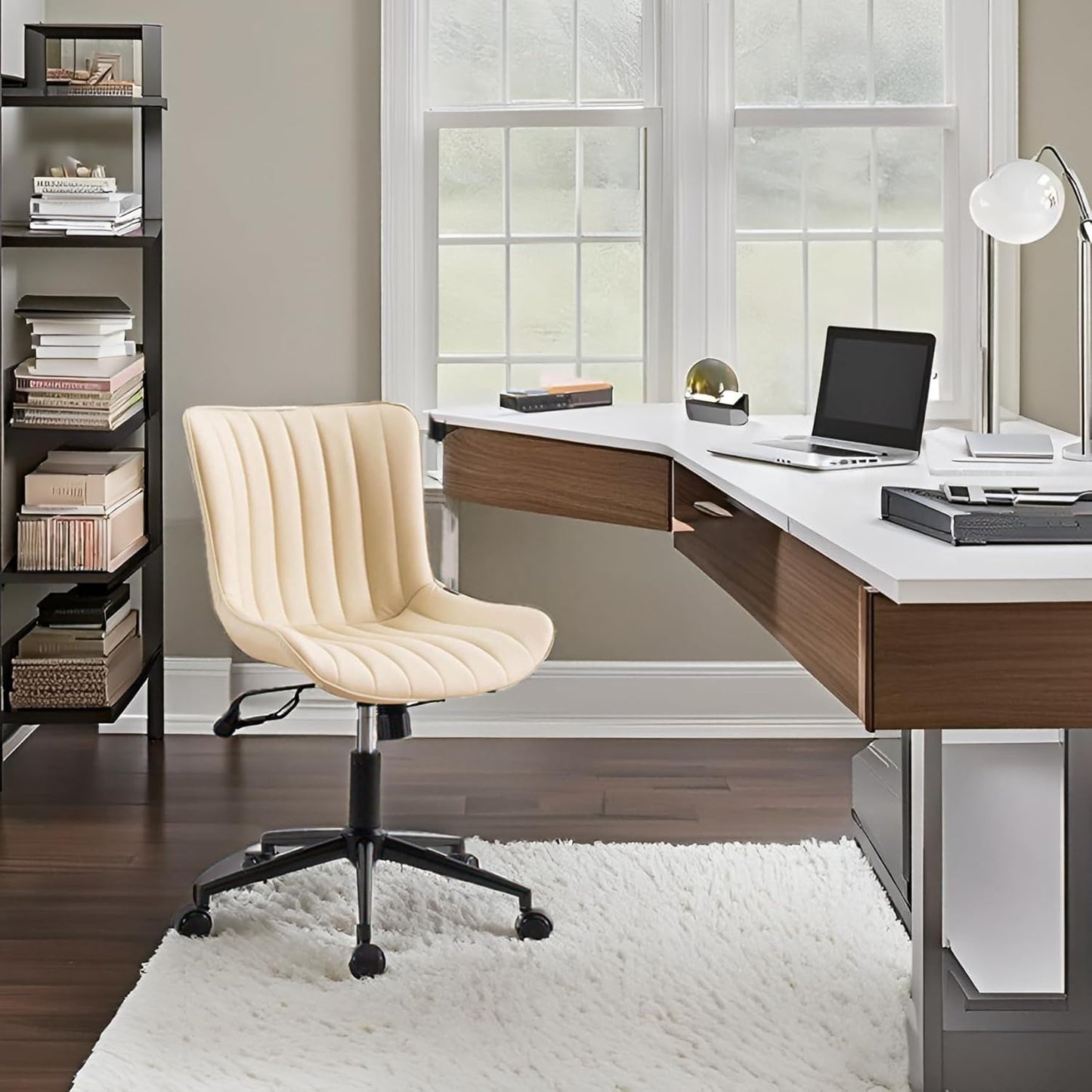 YOUNIKE Beige Home Office Desk Chair with Wheels Swivel Comfy Armless Vanity Chair with Back Modern Leather Upholstered Rolling Task Chair Small Cute Drafting Sewing Chair No Arms Adjustable