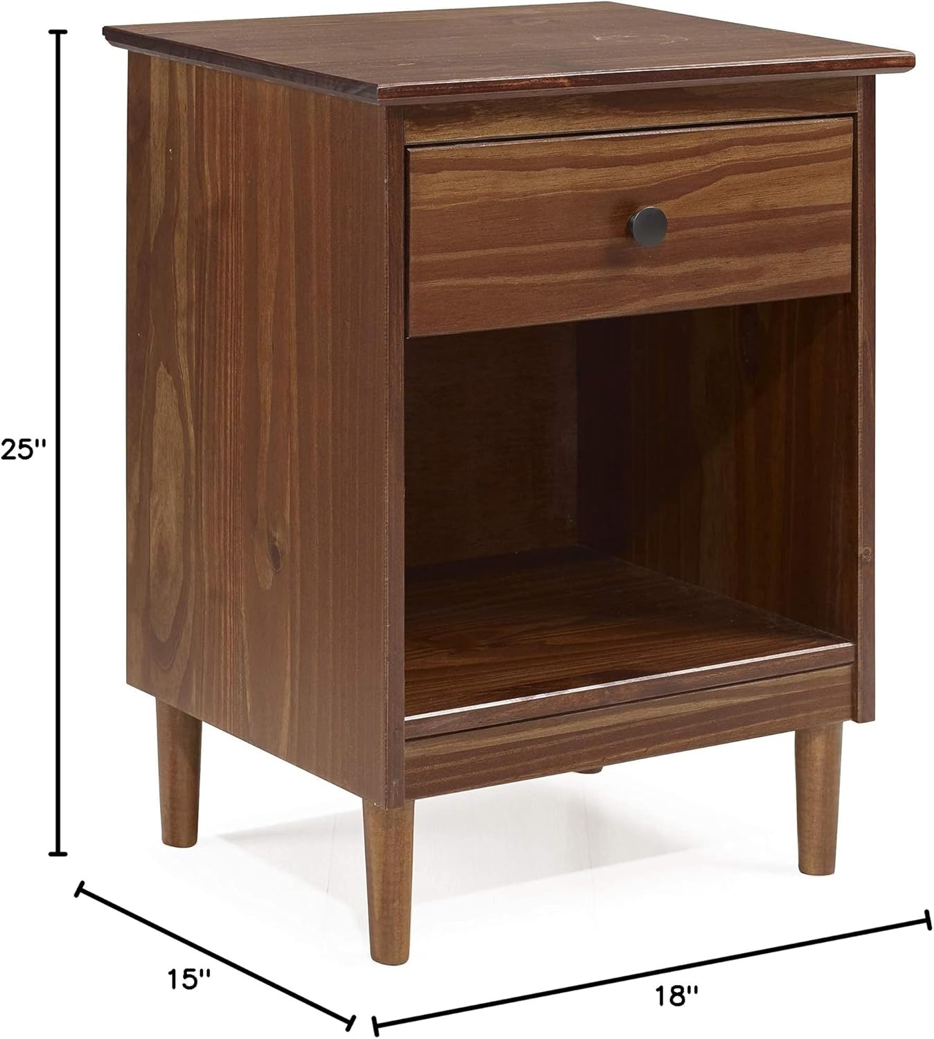 Walker Edison Traditional Wood 1 Drawer Nightstand Side Table Bedroom Storage Drawer and Shelf Bedside End Table, 18 Inch, Walnut