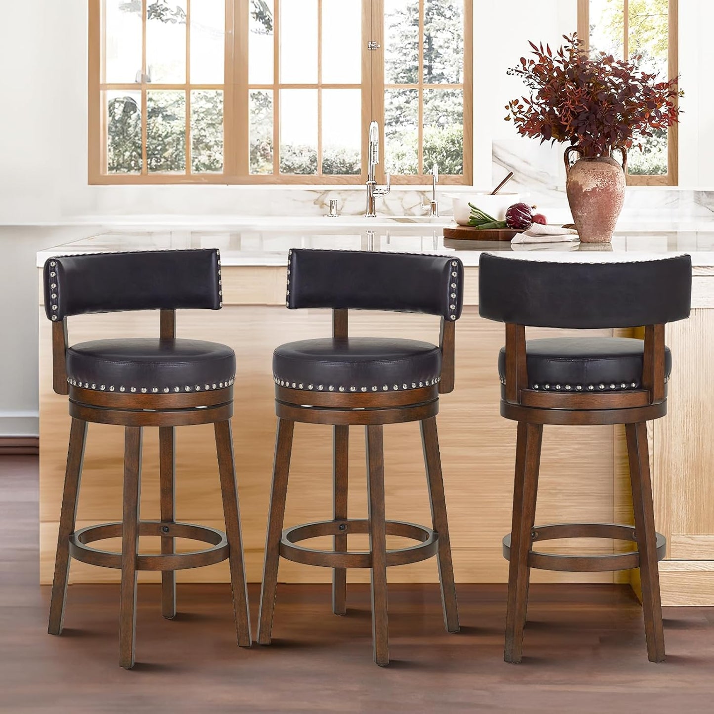 COLAMY Swivel Counter Height Bar Stools Set of 3, 30 Inch Modern Upholstered Kitchen Island Barstools with Back, Wood Swivel Bar Chairs for Counter Bar Dining Room, Dark Brown