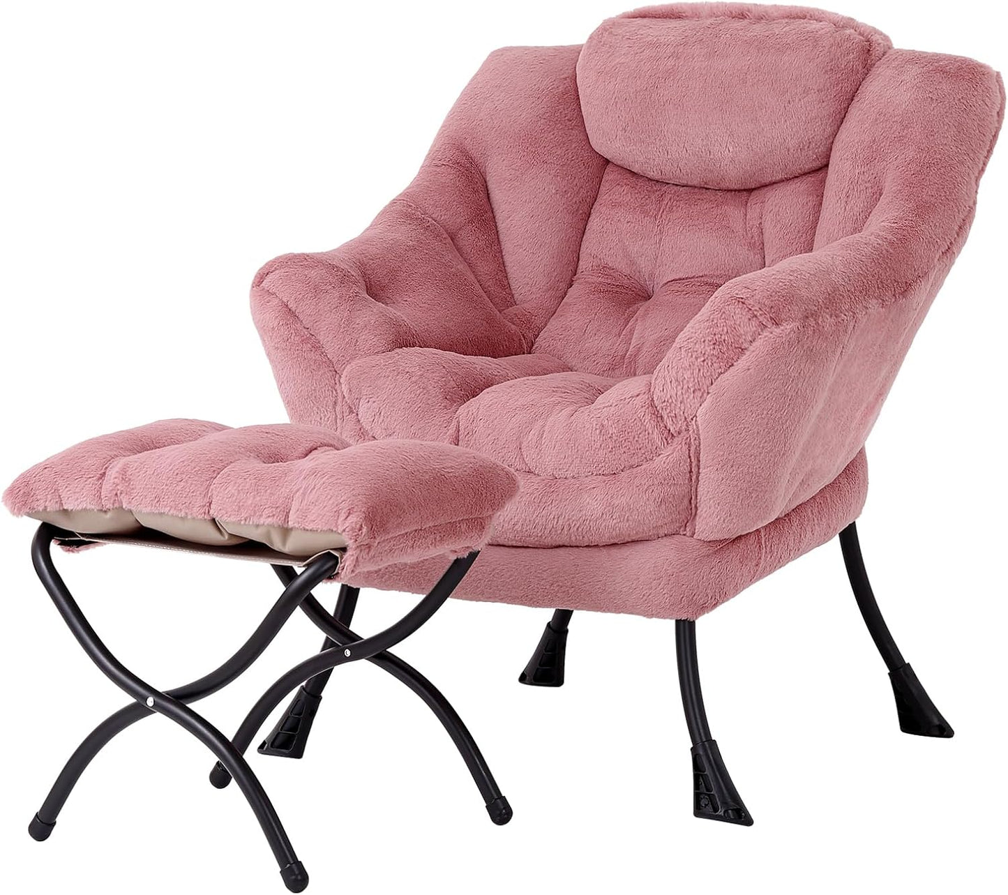 Lazy Chair with Folding Ottoman, Modern Accent Lounge Armchair with Armrests and a Side Pocket & Foldable Footstool, Leisure Reading Chair for Living Room, Bedroom & Dorm, Plush Dark Pink