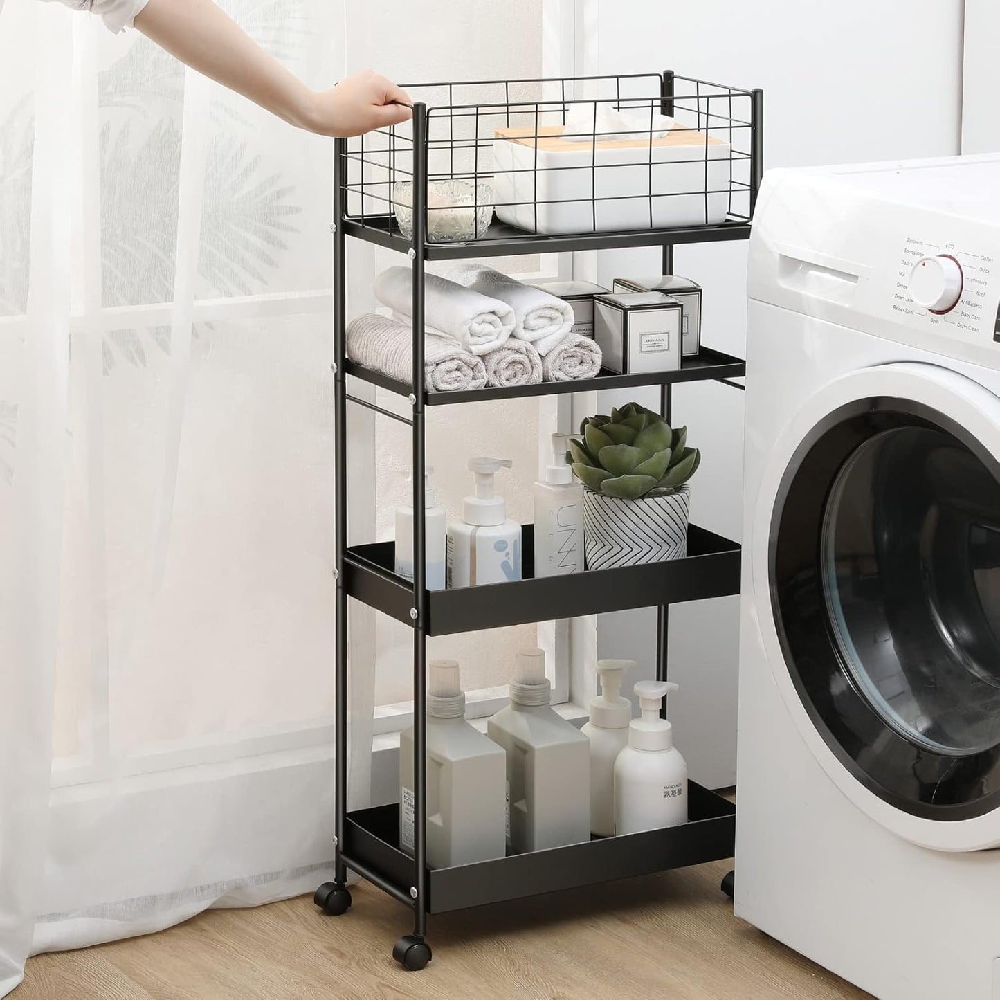 KINGRACK Slim Storage Cart, 4-Tier Metal Utility Rolling Cart with Wheels,Bathroom Organizer, Skinny Rolling Trolley, Mobile Shelving Unit for Office, Laundry Room, Narrow Place, Black