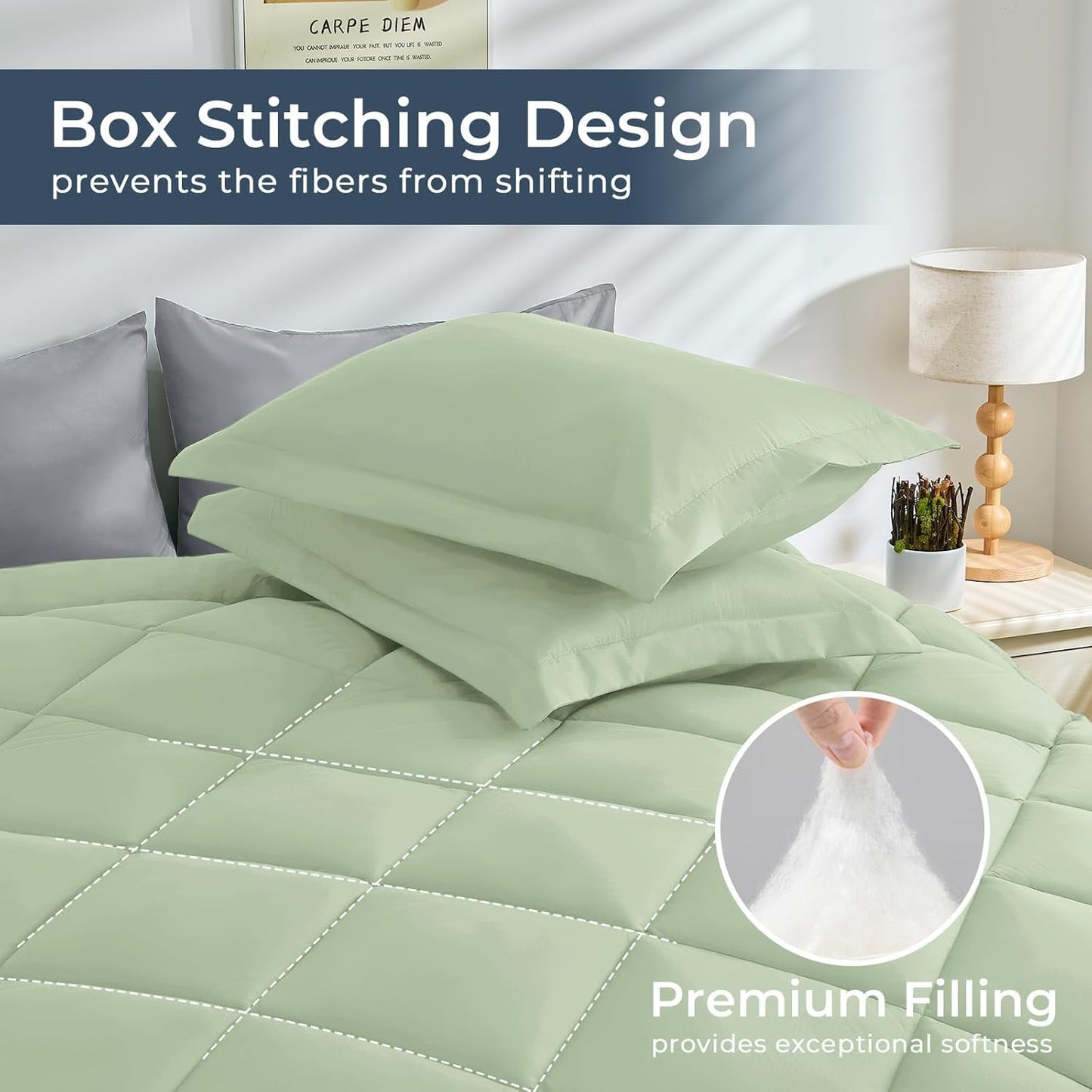 HEVUMYI Twin-XL Comforter Set - 5-Piece All Season Bed in a Bag Twin-XL, Ultra Soft Bedding Set with Comforter, Flat Sheet, Fitted Sheet, Pillowcases, Pillow Shams, Sage Green & Light Grey