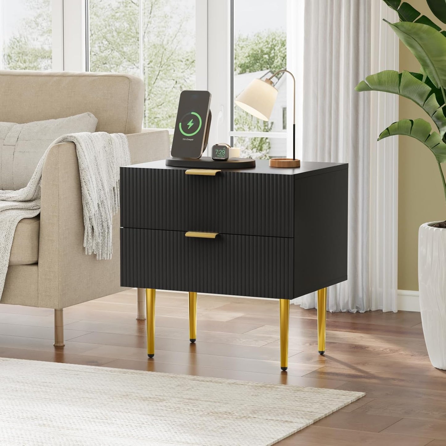 Black Nightstand for Bedroom, Fluted Night Stand, End Table for Living Room, Mid Century Modern Bedside Table with Drawers, Bed Side Table with Gold Metal Legs, Bedroom Furniture Stripe