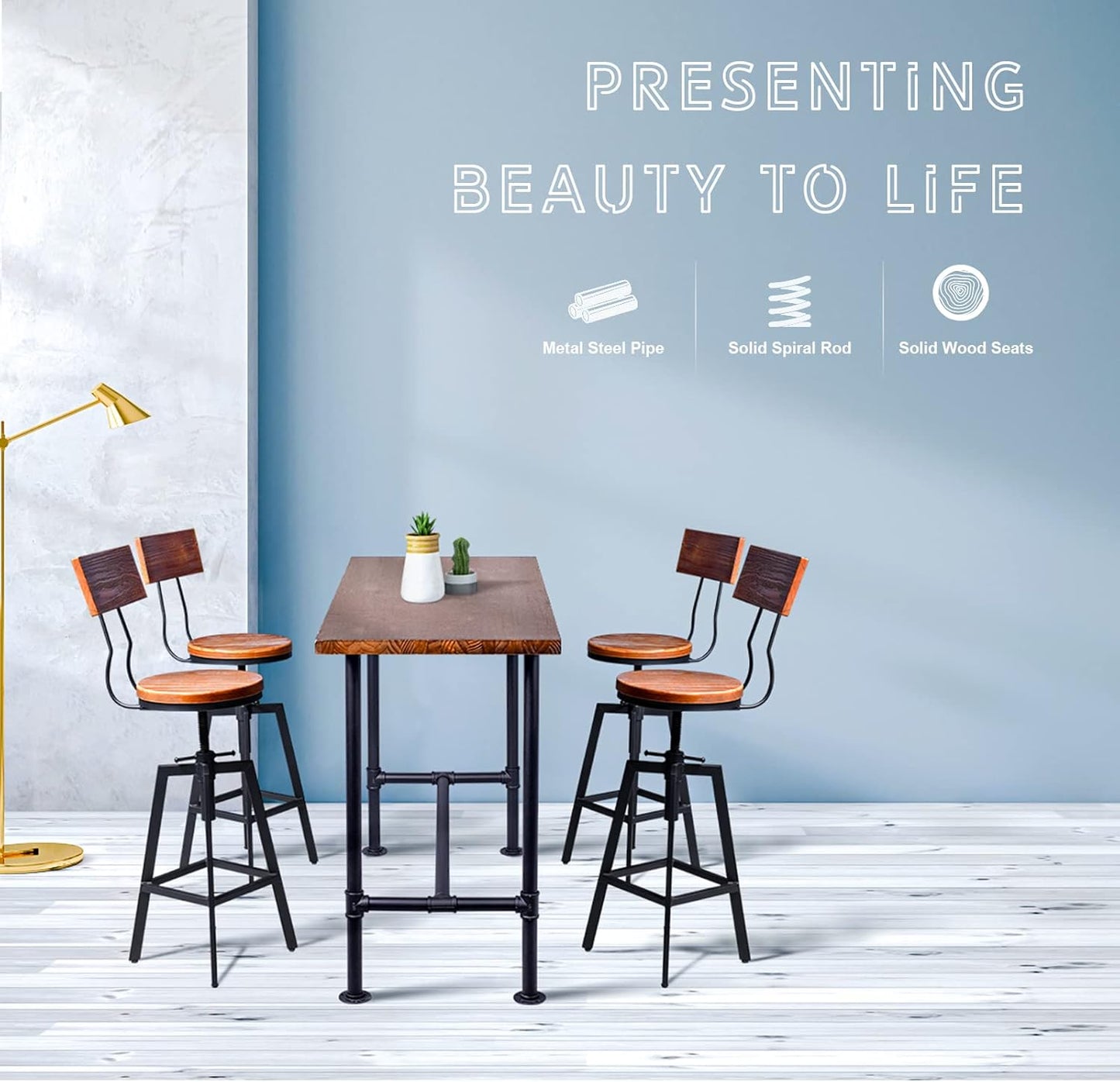 Industrial Bar Stools with Wood Backrest 25-32inch Height Adjustable Kitchen Island Dining Chair Extra Guest Stool Swivel Wooden Seat(Set of 2)