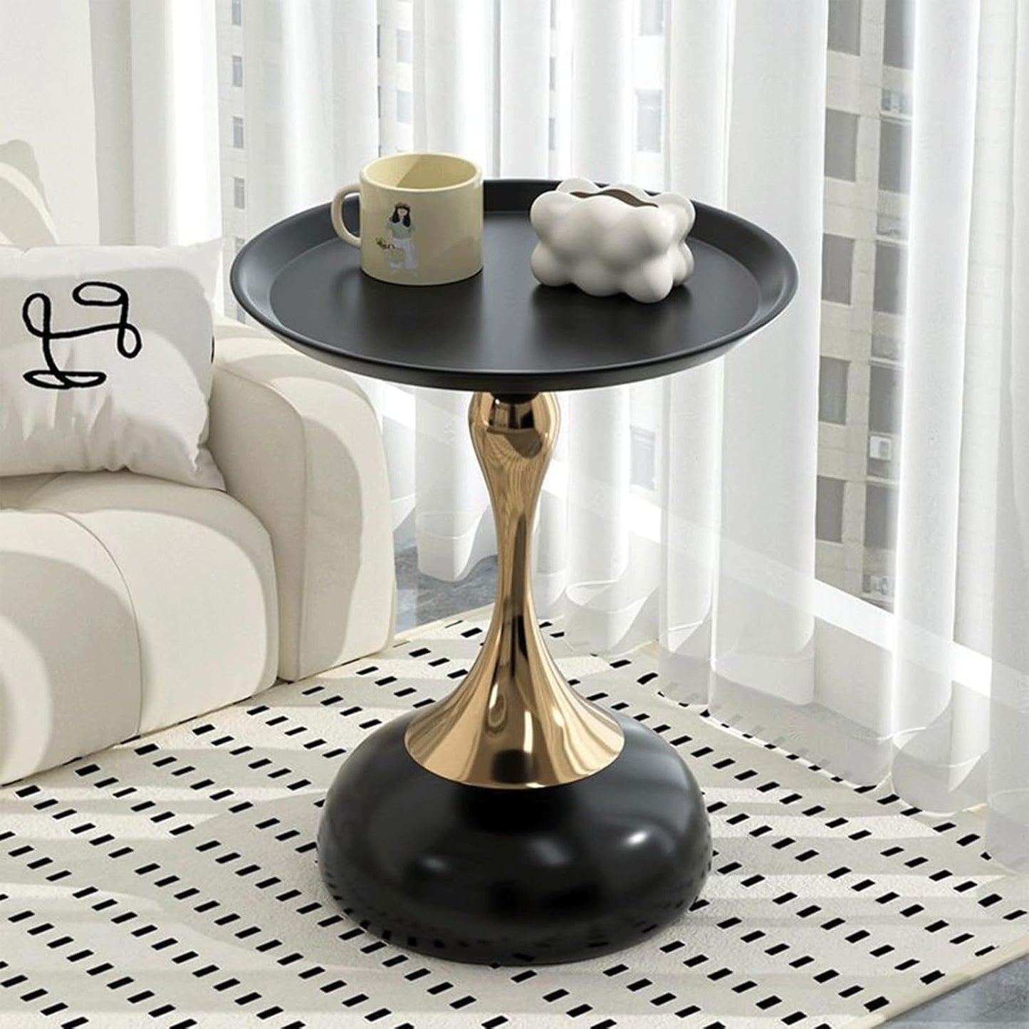 Modern Round Side Table with Gold Pedestal Base, Black Metal Top, Accent End Table for Living Room (Black)