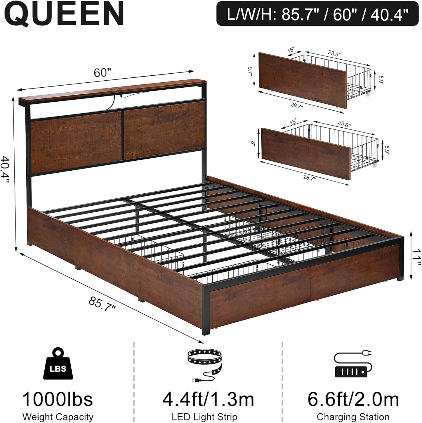 Queen Bed Frame with Storage Headboard and 4 Drawers Bed Frame Queen Size with Charging Station LED Lights Metal Platform Non-Slip Without Noise No Box Spring Needed