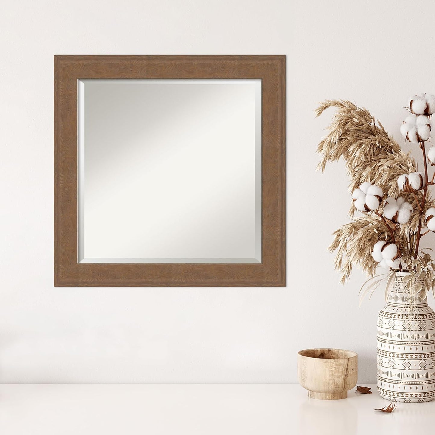 Amanti Art Brown Wall Mirror 25x25 Alta Medium Brown Square Bathroom Mirror for Wall Decor Living Room, Medium Rustic Farmhouse Frame, Hangs Horizonally and Vertically, Bathroom Decor, Beveled Edge
