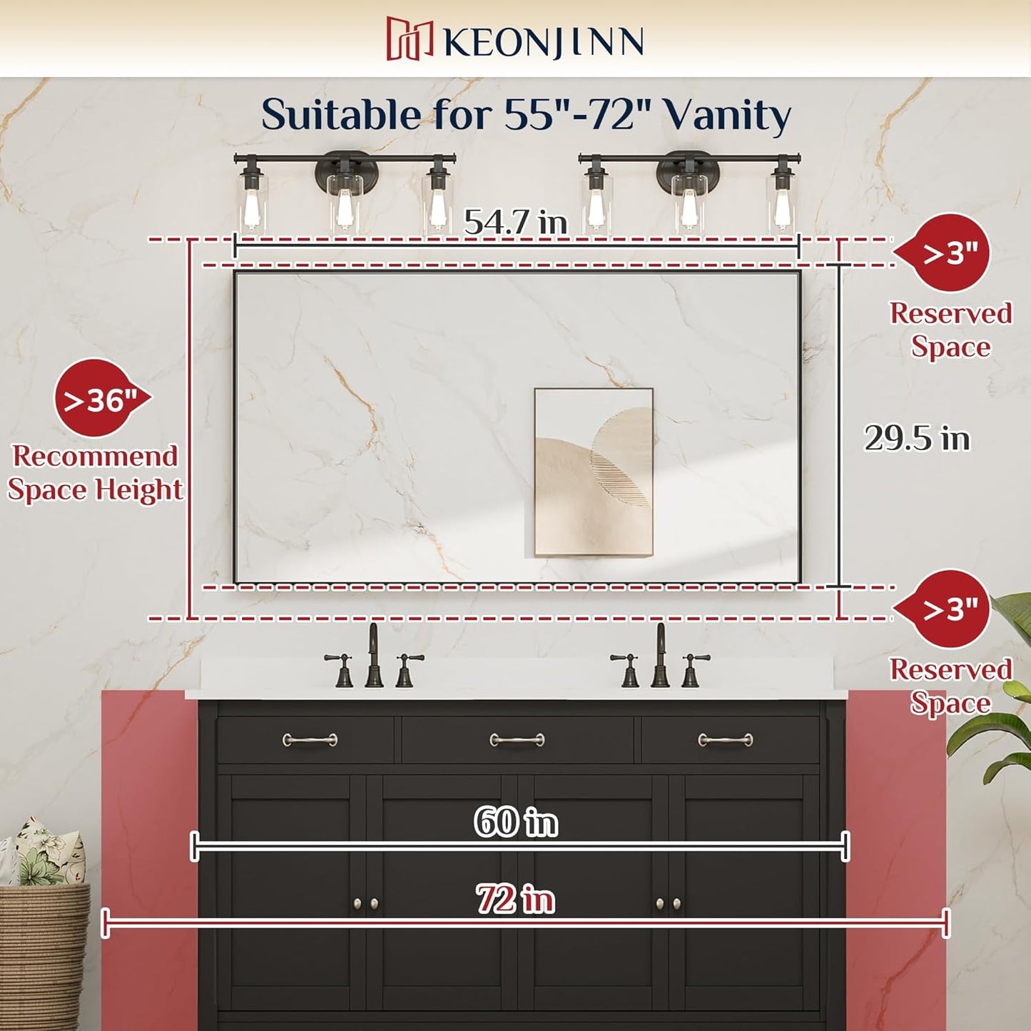 Keonjinn 55 x 30 in Brushed Silver Bathroom Vanity Mirror, Large Silver Framed Mirror for Over Sink, Metal Framed, Rectangle Square Corner, Modern Farmhouse Decorative(Horizontal/Vertical)