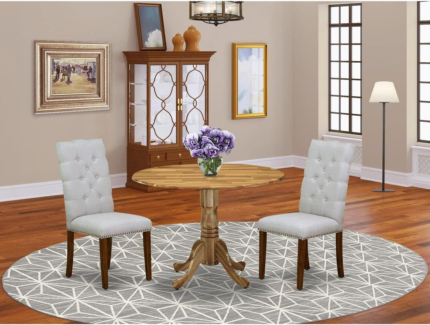 East West Furniture DLEL3-ANA-05 3 Piece Modern Dining Table Set Contains a Round Wooden Table with Dropleaf and 2 Grey Linen Fabric Parsons Dining Chairs, 42x42 Inch, Natural