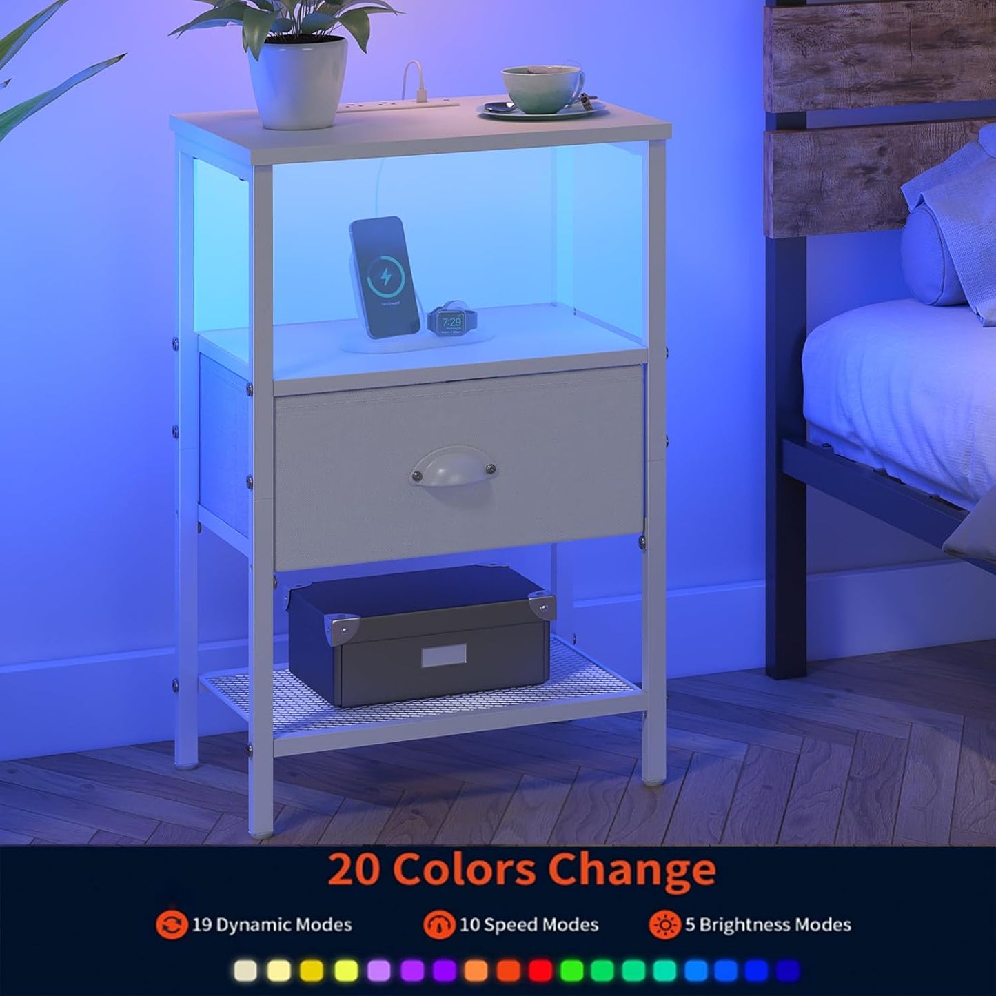 Sthmec Nightstands Set of 2, LED Bedside Tables with Charging Station and Fabric Drawer, Night Stand with Storage, 3 Tier Side Table with Open Shelf, LED Nightstand with Charging Station, White