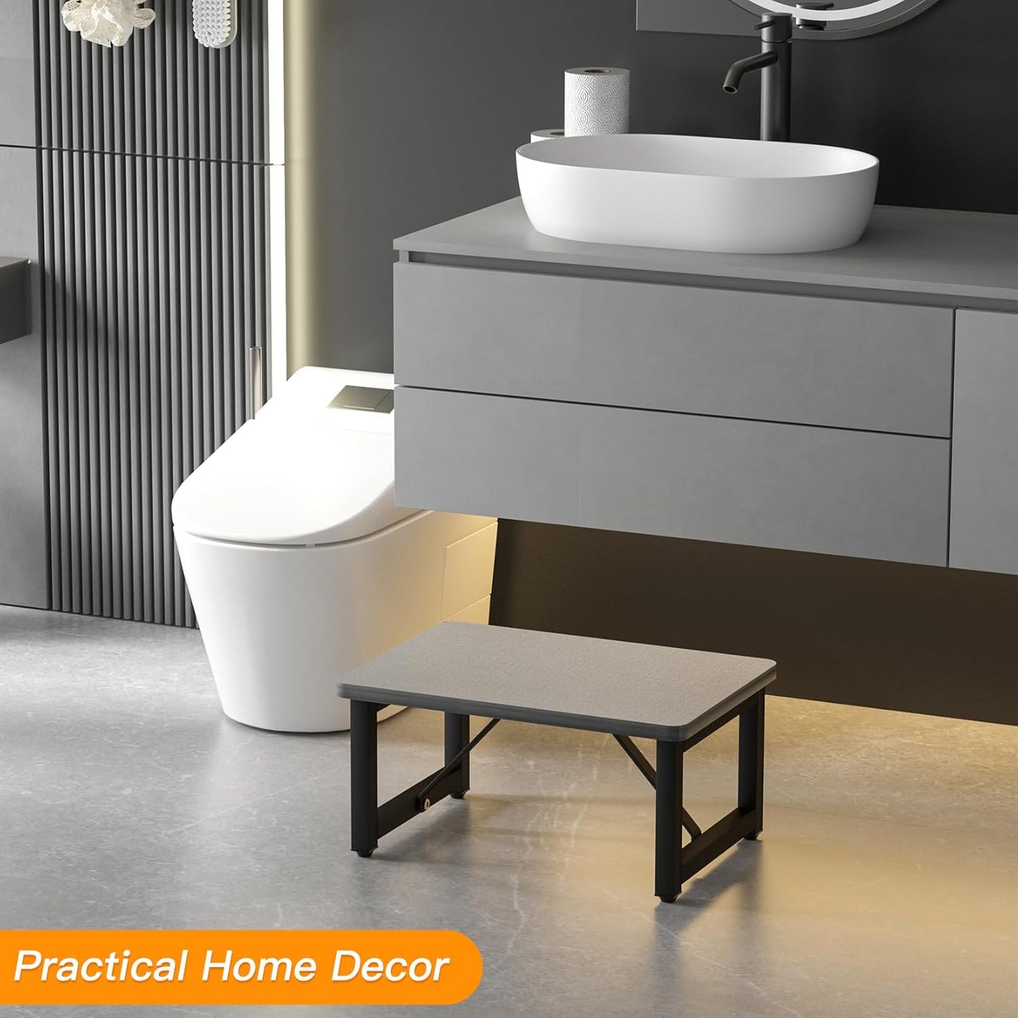 Small Step Stool for Adults Kids, Wooden Metal Foot Stool, One Stepping Stool for Bedside and Closet, 400 LBS Load Heavy Duty Step for Living Room, Gray