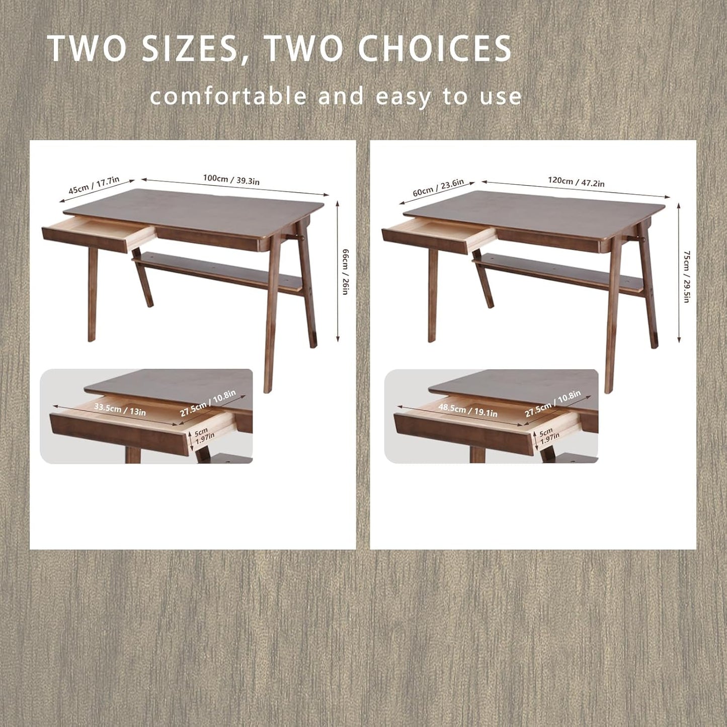 Oak Desk with Drawers, Solid Wood Desk with Bookshelf Small Computer Desk for Small Spaces Mid-Century Modern Wood Writing Desk with 2 Drawers for Home Office 39"