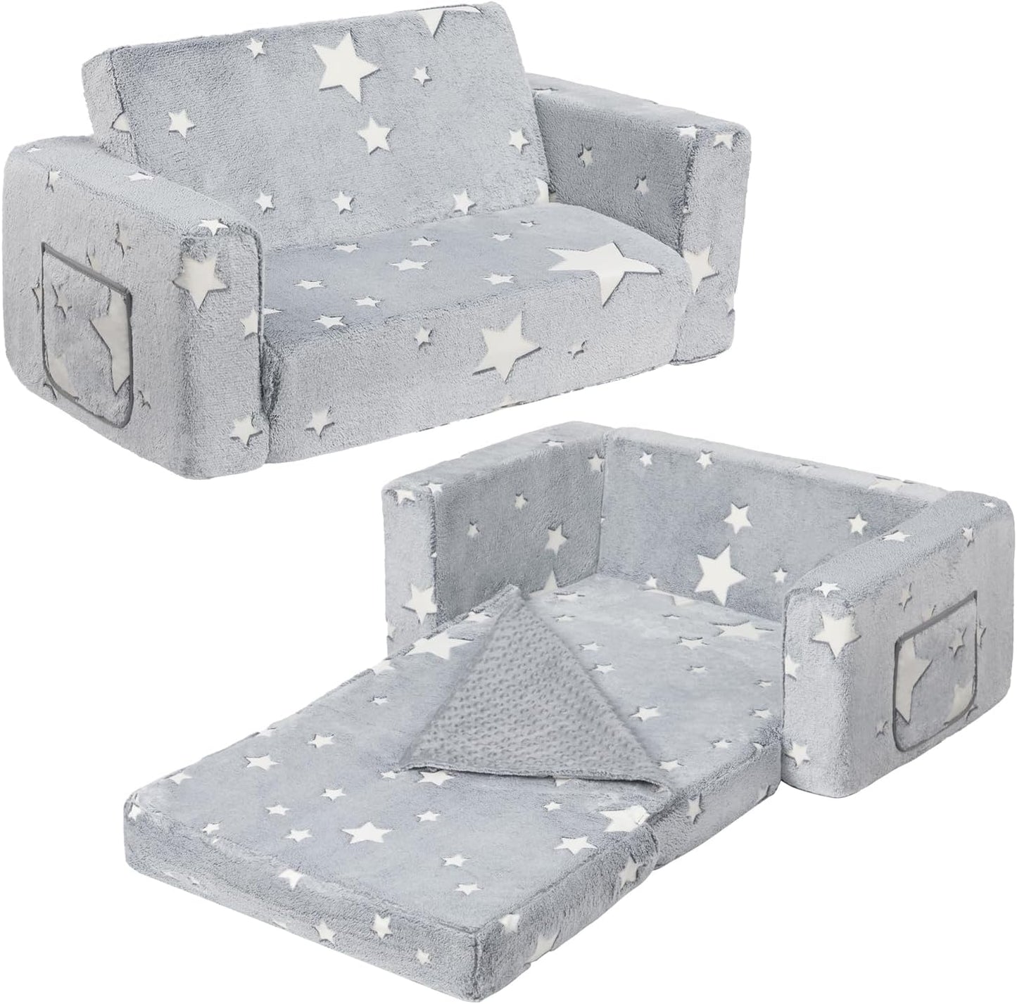 ALIMORDEN Fold Out Toddler Couch, Extra Wide Comfy 2-in-1 Cuddly Sherpa Sofa for Kids, with Removable Baby Friendly Blanket, Convertible Sofa to Bed, Star