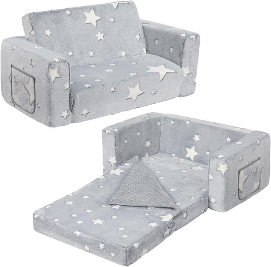 ALIMORDEN Fold Out Toddler Couch, Extra Wide Comfy 2-in-1 Cuddly Sherpa Sofa for Kids, with Removable Baby Friendly Blanket, Convertible Sofa to Bed, Star