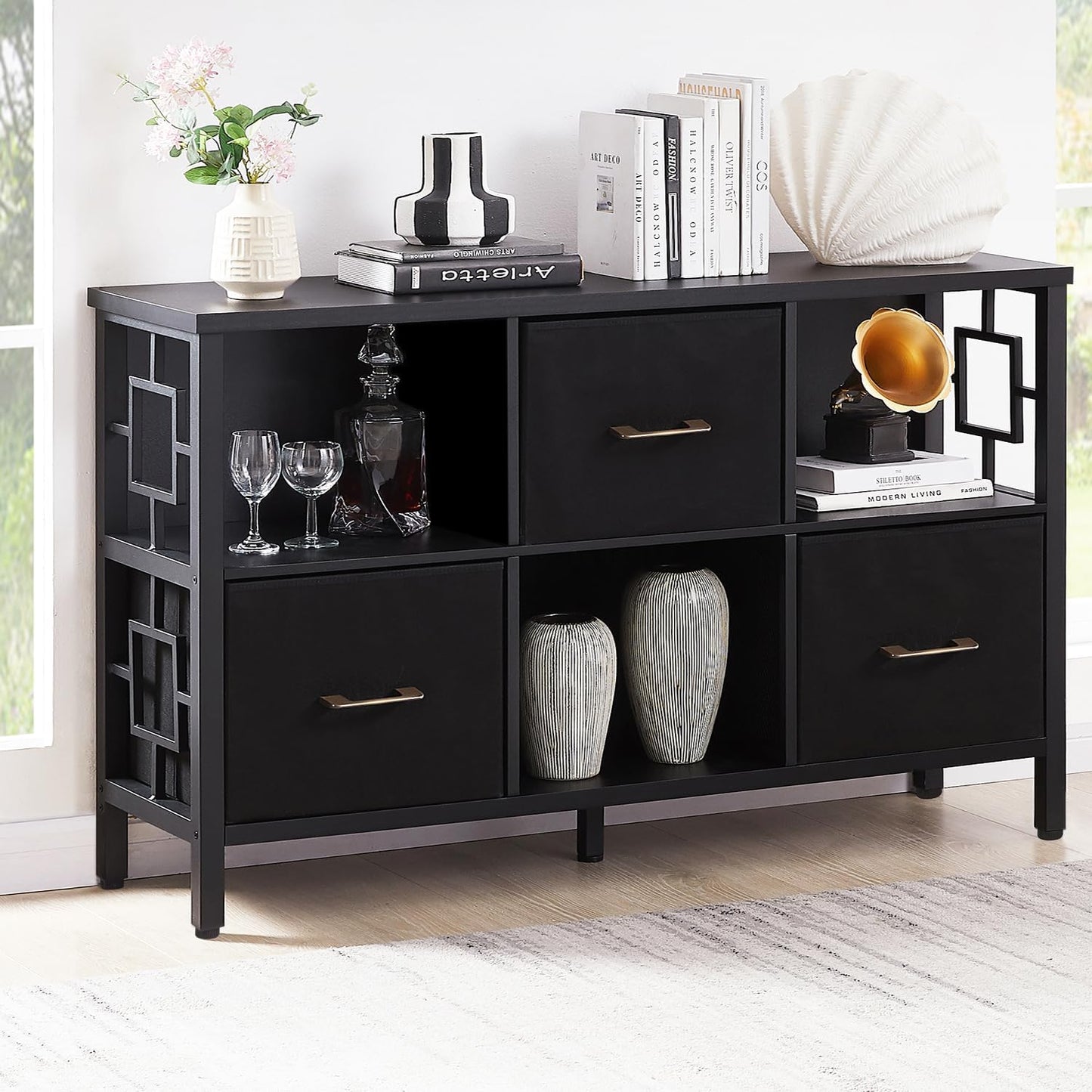 HOMISSUE 6 Cube Storage Organizer Shelf, Rustic Short Bookshelf with 3 Storage Bins, Industrial Horizontal Bookshelf with Metal Frame, Low and Wide Cube Bookcase for Living Room and Office, Black