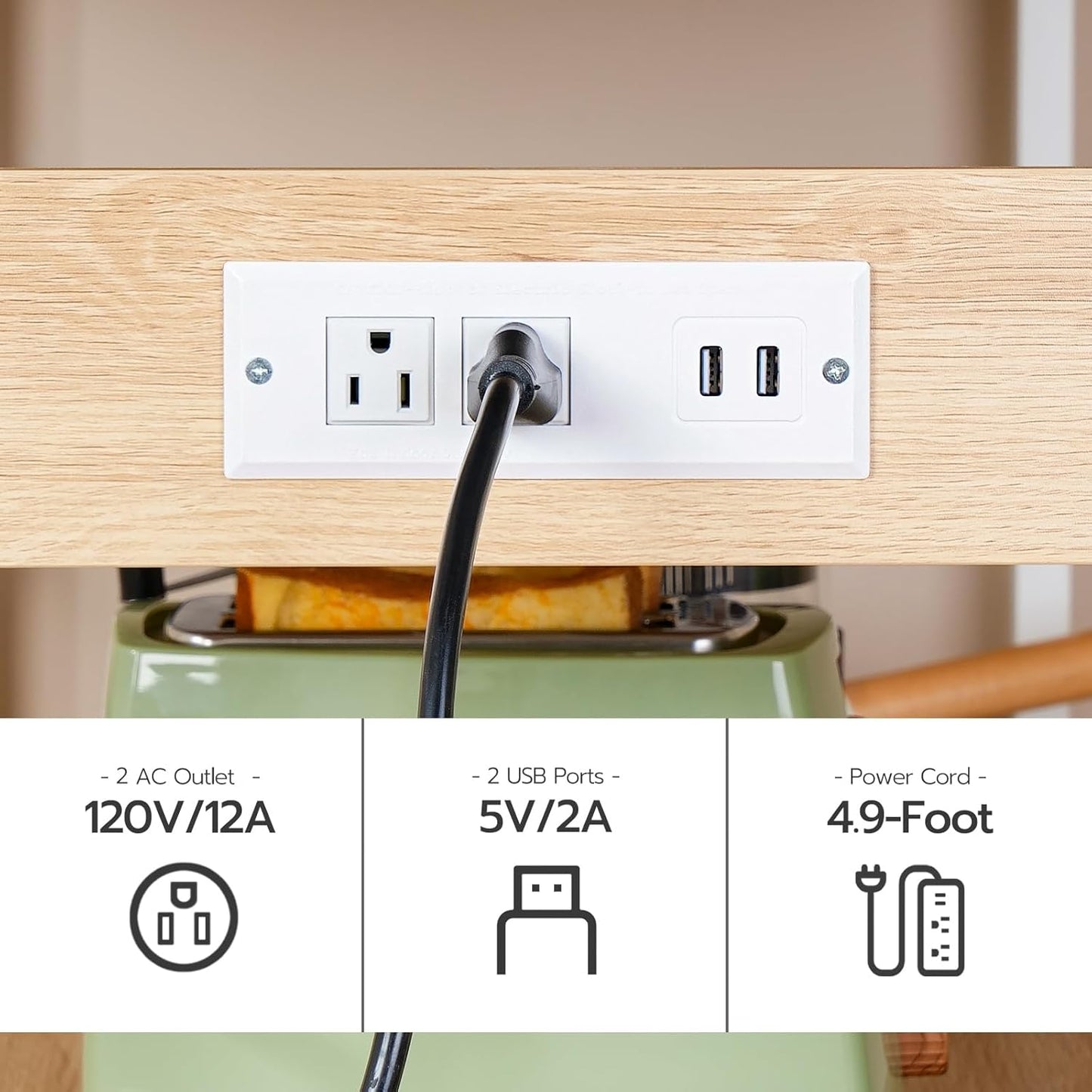 HOOBRO Kitchen Island with Storage, Kitchen Island Table with Power Outlet, 3 Tier Coffee Station and Microwave Stand, for Home, Kitchen and Dining Room, Natural and White WN021ZD01