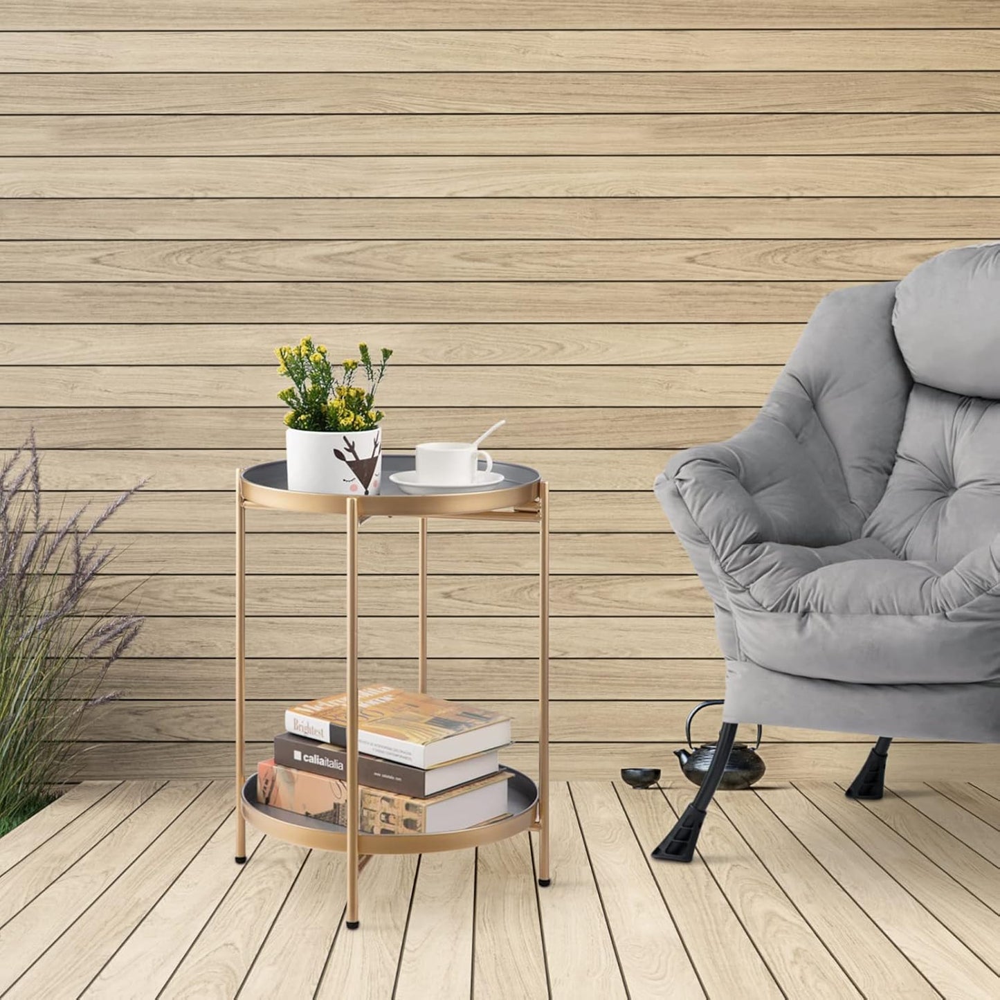 HollyHOME 2-Tier Round Gold Side Table, Outdoor Small Folding Accent Stand with Removable Tray, Anti-Rust Metal Asional Table for Balcony Patio Living Room, Nightstand for Bedroom(Gold&Grey)