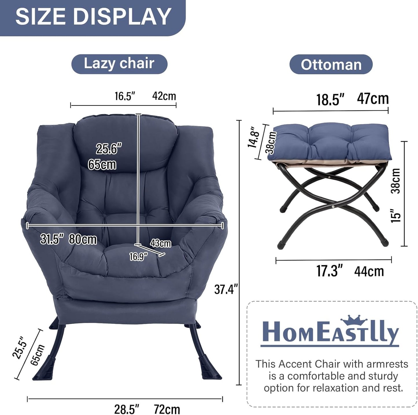 Lazy Chair with Ottoman, Large Modern Lounge Accent Chair with Armrests and Footrest, Reading Armchair with Ottoman, Leisure Sofa Chair for Living Room, Bedroom, Dorm Room, Office (Navy)