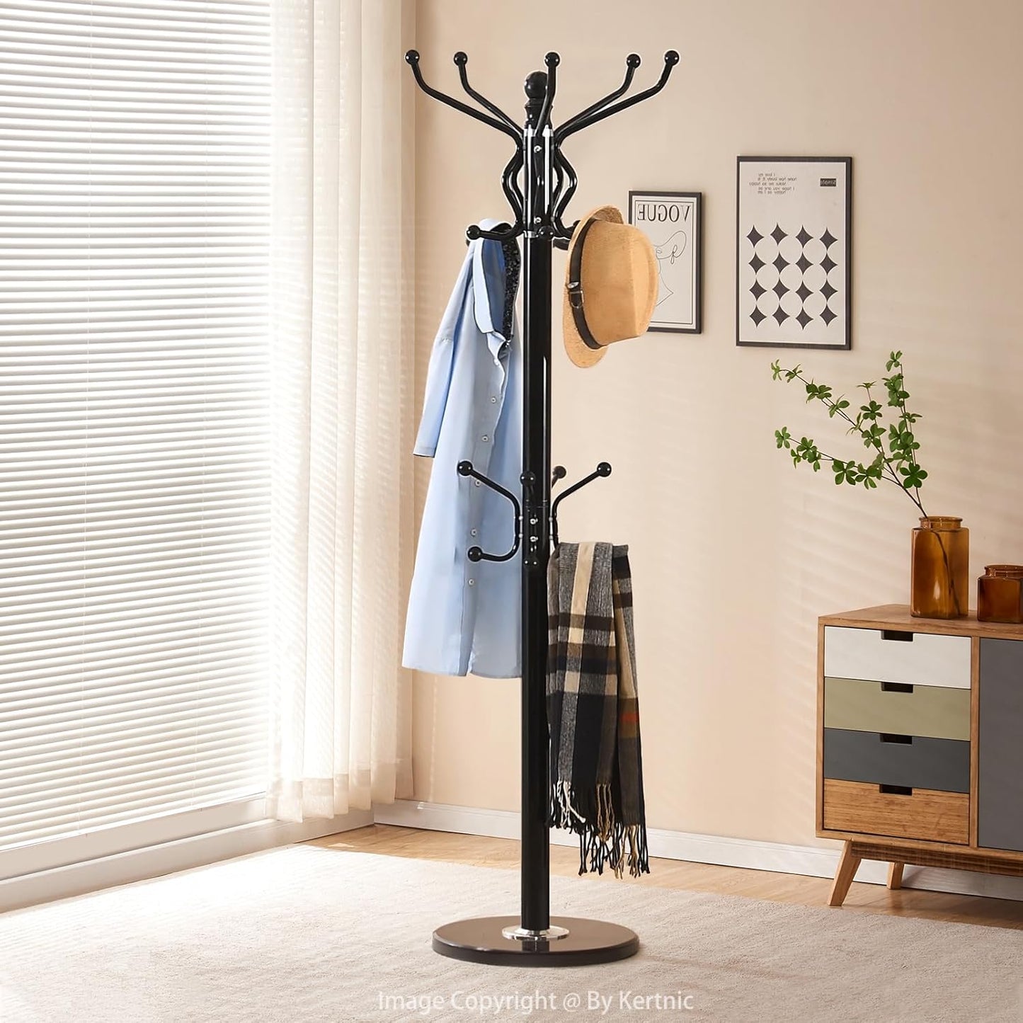 Kertnic Freestanding Coat Rack with 18 Hooks & Marble Base - Heavy Duty Metal Hall Tree Stand for Entryway, Hats, Coats, Bags Rack- Modern Hanger Organizer for Home, Office, Dorm (18 hooks -Black)