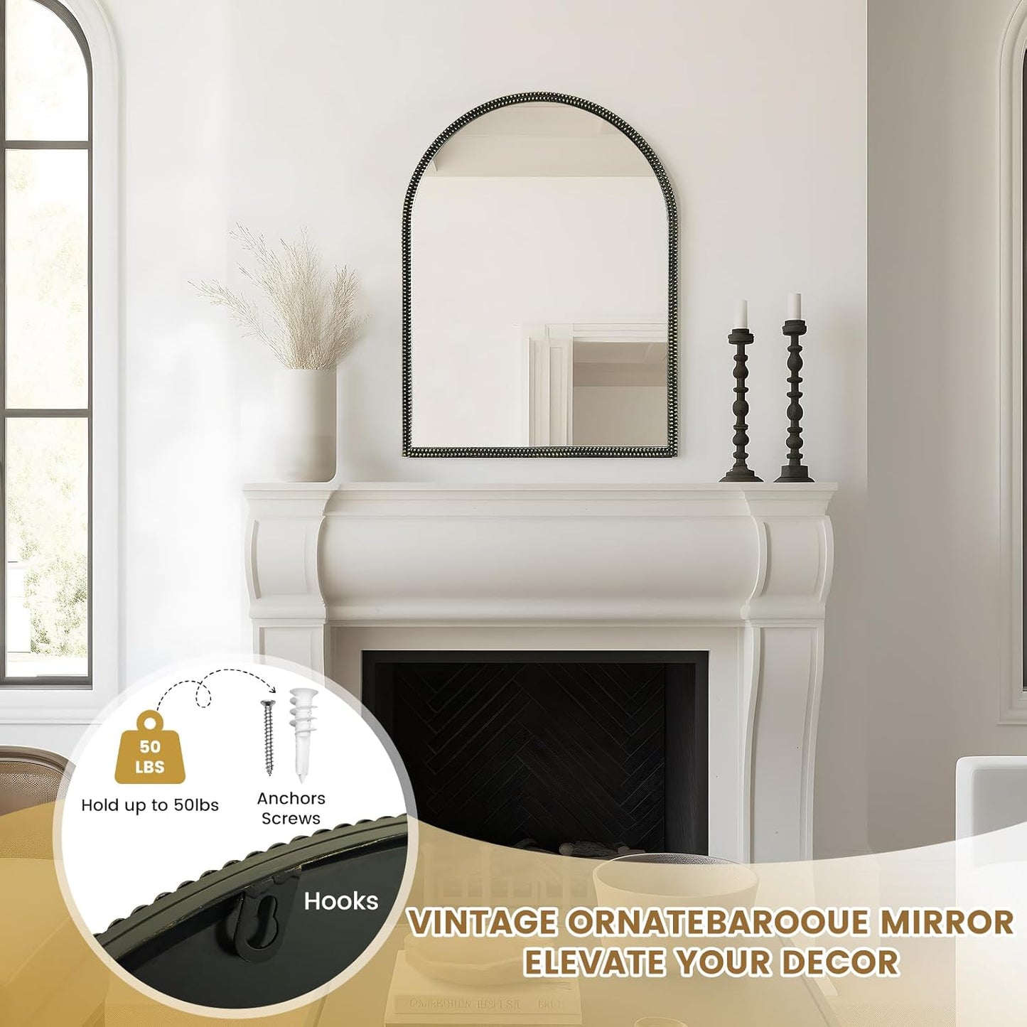 WallBeyond Black Vintage Mirror for Vanity 24x32 Inch, Gold Antique Mirror with Ornate Beaded Frame for Bathroom, Living Room, Fireplace, Entryway