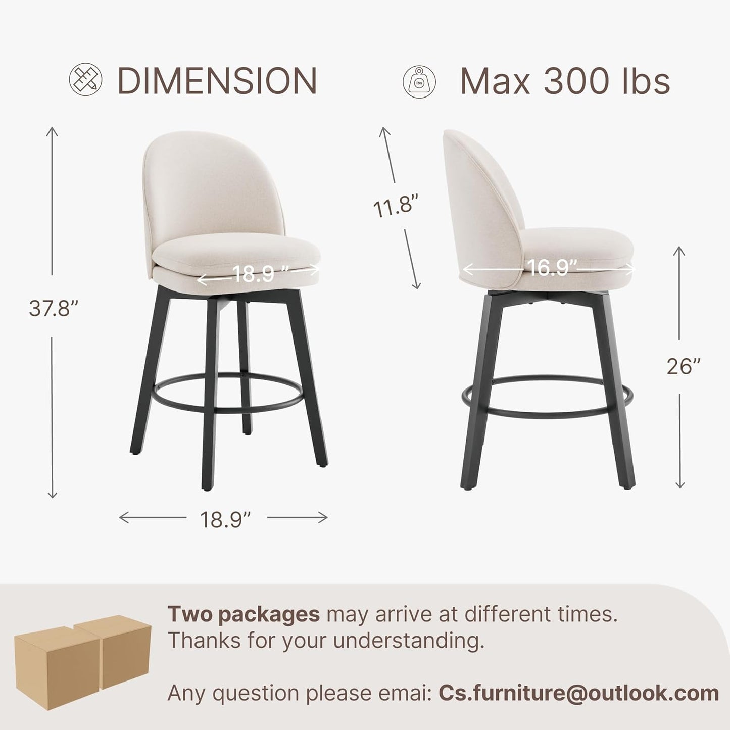 Counter Height Barstools 26 inch Upholstered Swivel Bar Stools with Back and Wood Legs for Kitchen Island,Set of 3,Beige Fabric-Armless