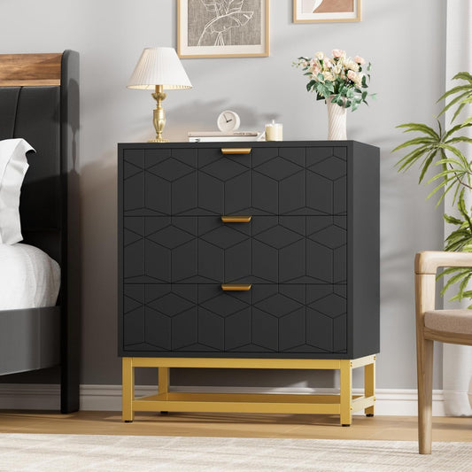 GAOMON 3 Drawer Dresser, Wood Chest Drawers with Storage for Closet, Bedroom, Drawers Dresser Modern Bedside Nightstand with Gold Handles, Black