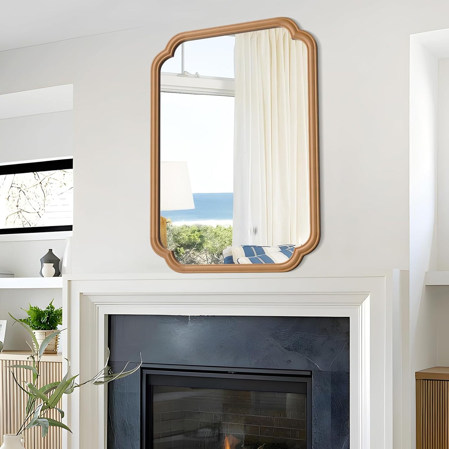 Wood Bathroom Mirror for Wall Mounted, 24" x 36" Rustic Bathroom Mirror for Over Sink with Wood Frame Farmhouse Rounded Corner Rectangle Mirror Decorative(Natural Color)