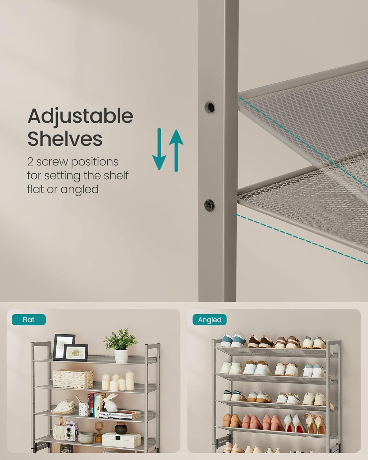 SONGMICS Shoe Rack, 8-Tier Shoe Organizer, Metal Rack for Garage, Set of 2, 4-Tier Stackable Shelf, with Adjustable Flat or Angled Shelves, 32-40 Pairs, Cappuccino Beige ULMR008L01