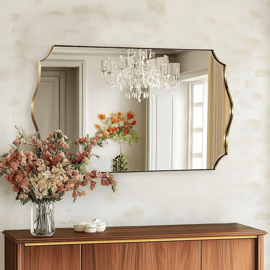 Gold Bathroom Mirror, 24"x40" Gold Asymmetrical Mirror with Scalloped Edge Design, Curved Mirror in Anti-Rust SUS304, Thin Metal Framed, 1" Deep Wall Mounted Vertically/Horizontal