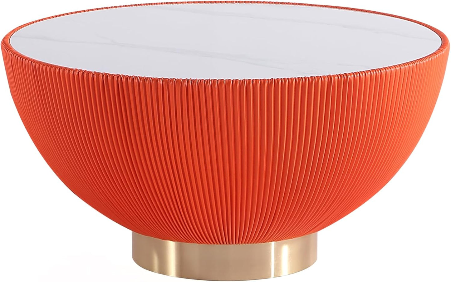 Manhattan Comfort Anderson Modern 28.15" Round Coffee Table 2.0 - Ceramic Marble Tabletop, Elegant Pleated Leatherette Details & Gold Base, Fully Assembled Accent Furniture, Set of 1, Orange