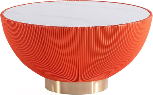 Manhattan Comfort Anderson Modern 28.15" Round Coffee Table 2.0 - Ceramic Marble Tabletop, Elegant Pleated Leatherette Details & Gold Base, Fully Assembled Accent Furniture, Set of 1, Orange