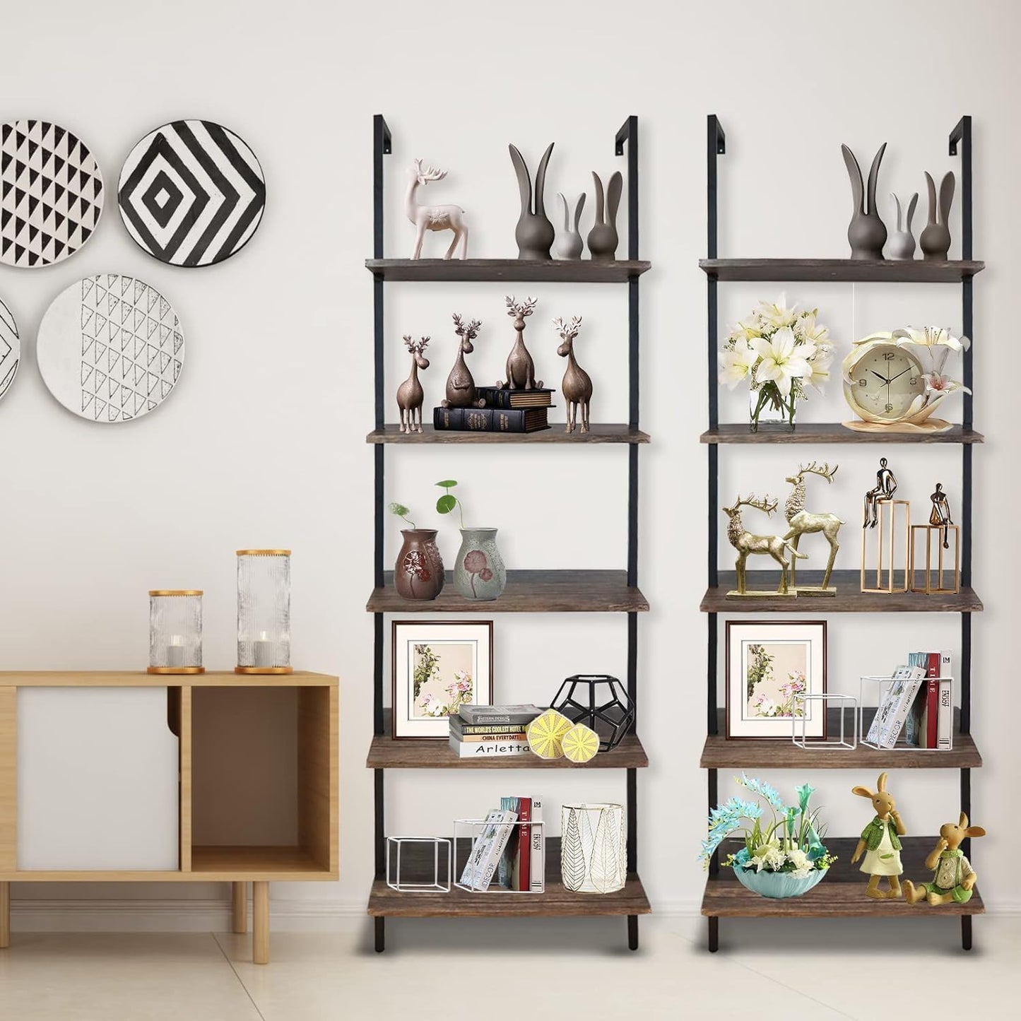 5 Tiers Ladder Shelf 2-Piece Black Modern Tall Bookshelf Open Large Tall Wall Mount Storage Bookcase Standing Leaning Wall Shelves Industrial Decorative (Brown)