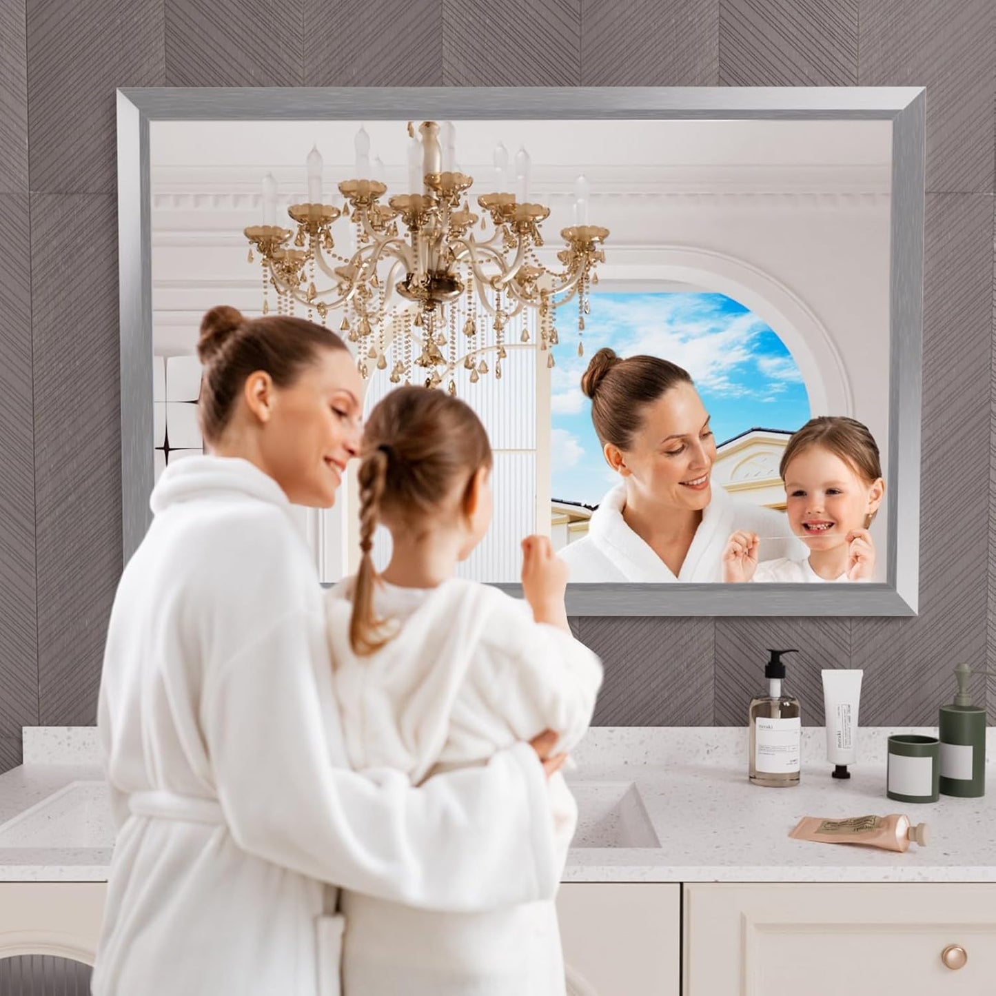 Amorho 50 X36 Inch Bathroom Mirror Silver, Thick Metal Framed Wall Mirrors for Over Sink, Brushed Nickel Mirror Perfect for Bedroom, Living Room, Entryway, Rectangle (Horizontal/Vertical).