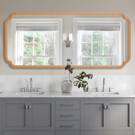 Natural Wood Framed Bathroom Mirror for Wall, 60X24 Inch Wood Bathroom Vanity Mirror Farmhouse, Large Rounded Rectangle Mirror, Tempered Glass, Hangs Horizontally or Vertically