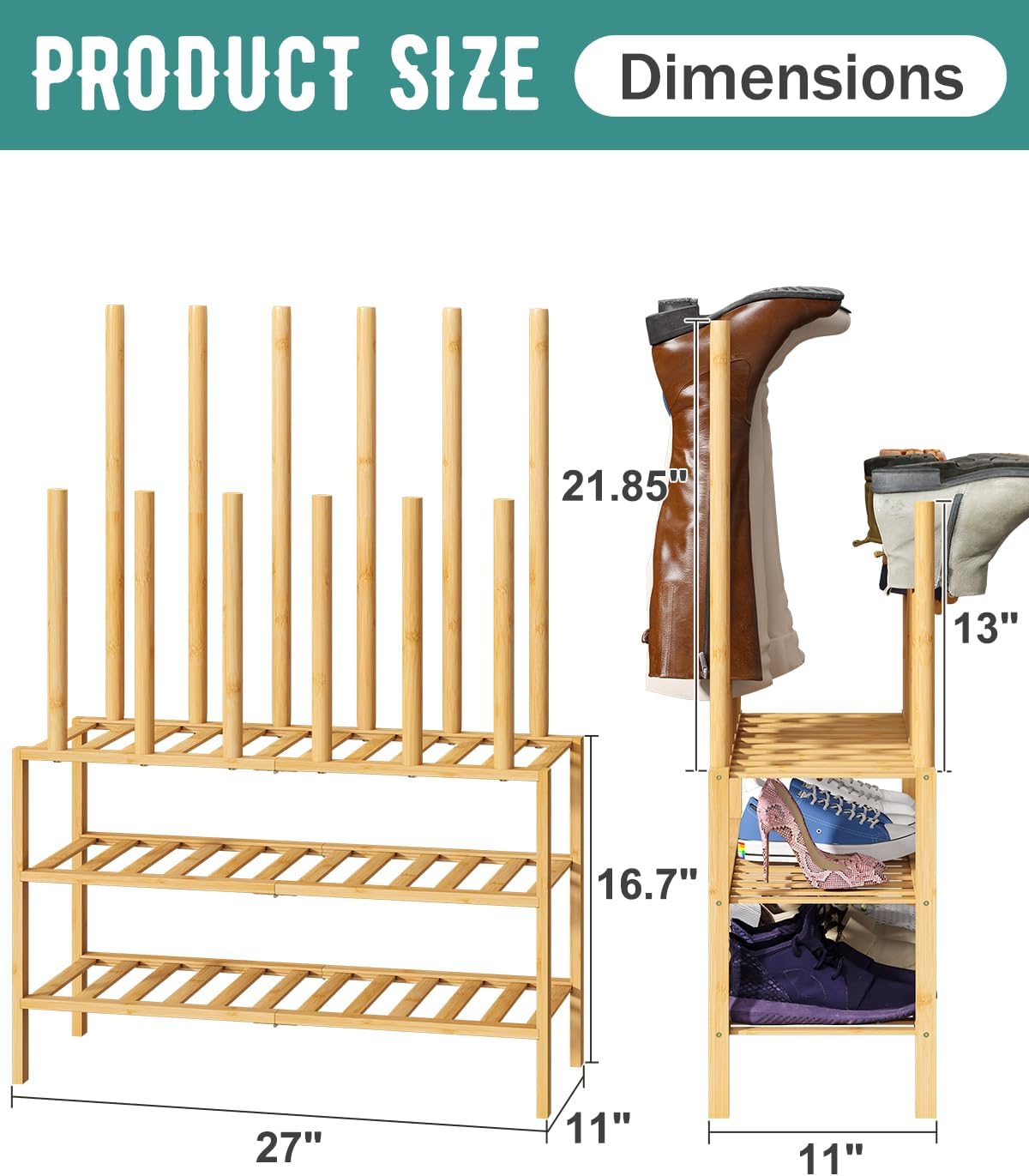 Boot Rack with Shoe Rack, Boot Rack Organizer Tall Boots for Closet, Bamboo Wood Shoe Shelf Storage Organizer for Entryway Small Space
