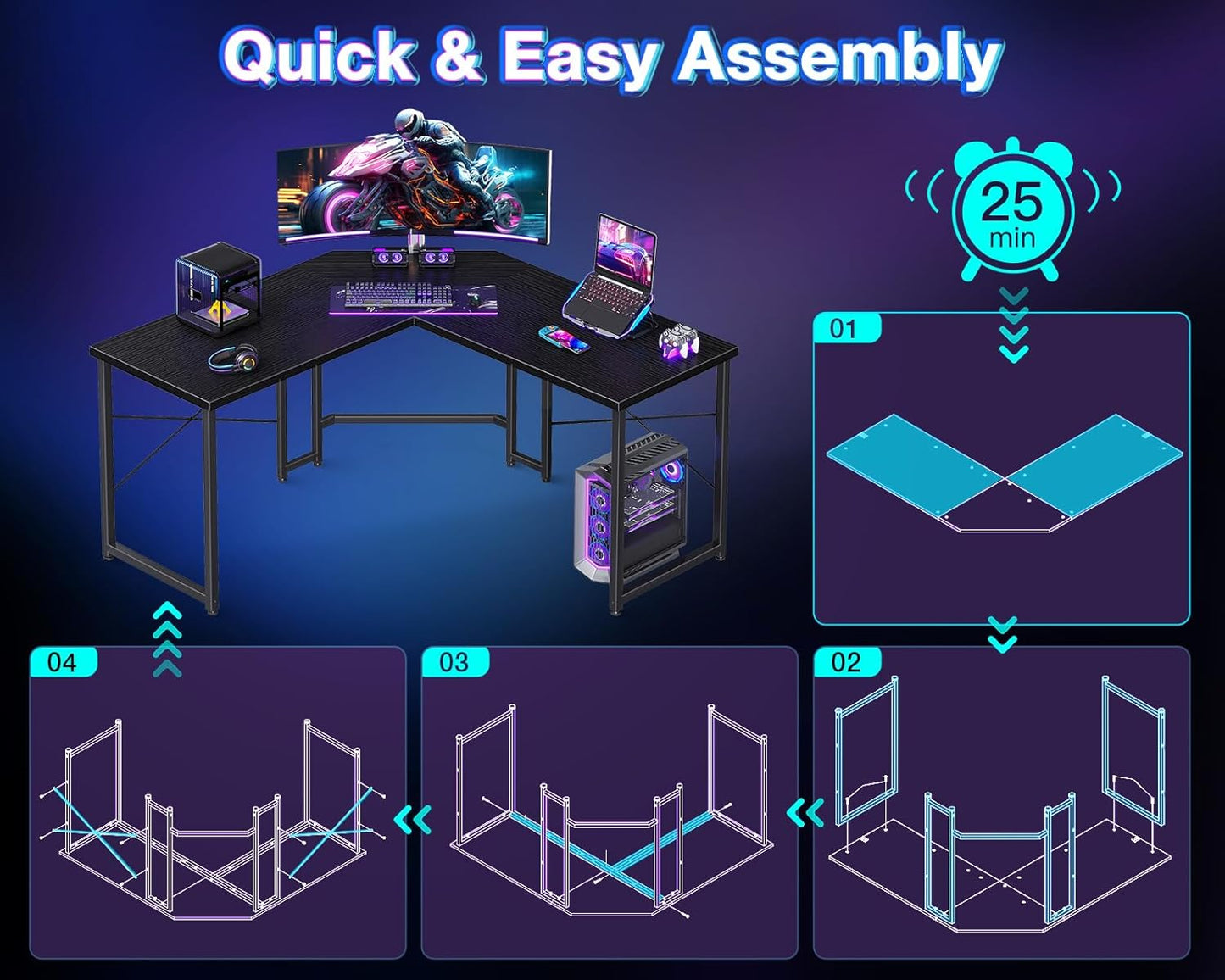 Casaottima L Shaped Gaming Desk, Corner Desk Gaming Table for Home Office, Computer Desk Sturdy Writing Workstation for Small Space, Easy to Assemble, 51 inch, Black