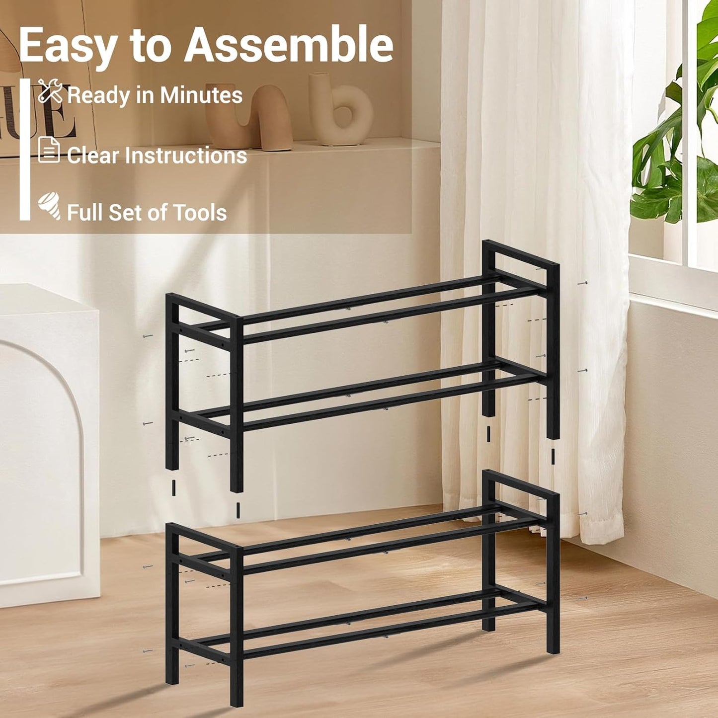 Haddockway Bamboo Shoe Rack for Closet, Free Standing Shoe Organizer with Smooth Round Rods & Convenient Handles, Stackable Shoe Storage Shelf for Entryway, Hallway(Black, 4-Tier)