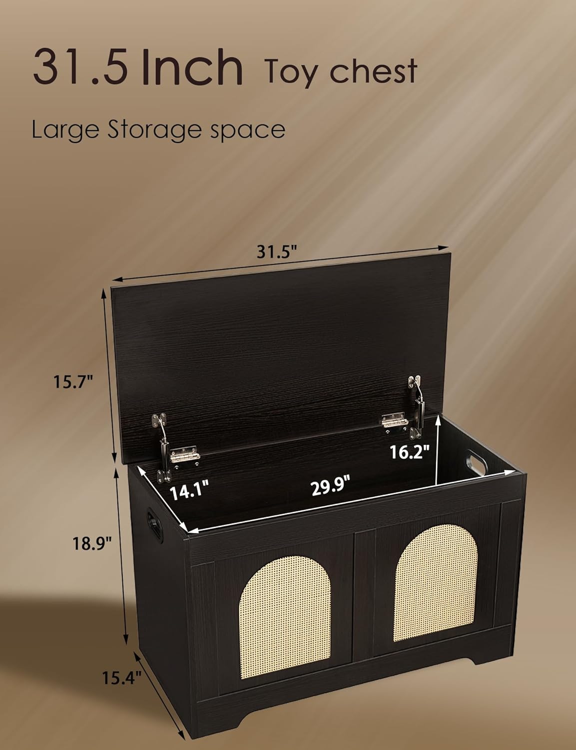 DINZI LVJ Storage Chest, 31.5" Rattan-Like Toy Box with 2 Safety Hinges, Wooden Entryway Storage Bench with Flip-Top, Storage Trunk for Living Room, Bedroom, Easy Assembly, Espresso and Natural