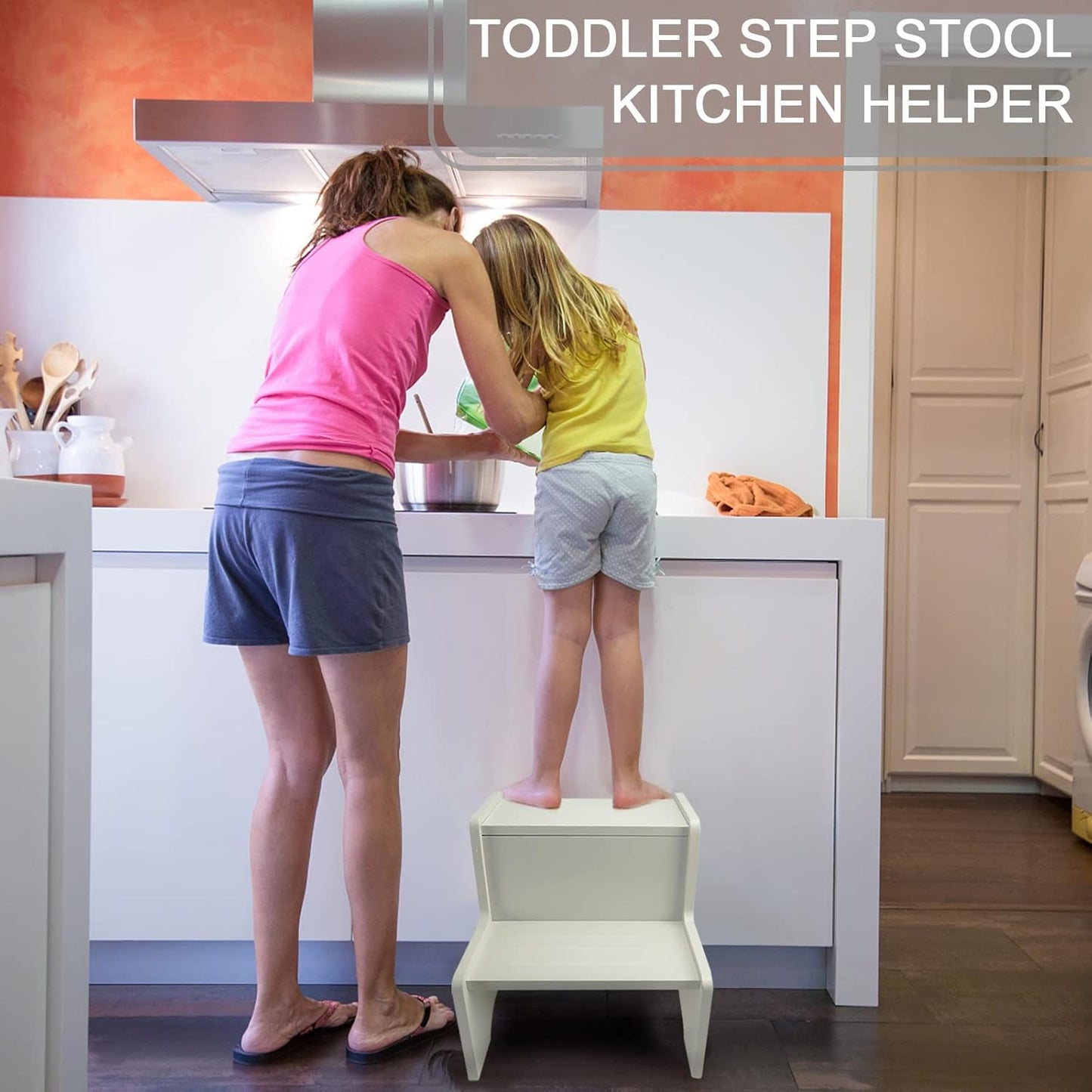 WOOD CITY Wooden Toddler Step Stool for Kids, Grey Two Step Children's Stool with Handles, Bonus Non-Slip Pads for Safety, Bathroom Potty Stool & Kitchen Step Stools Dual Height…