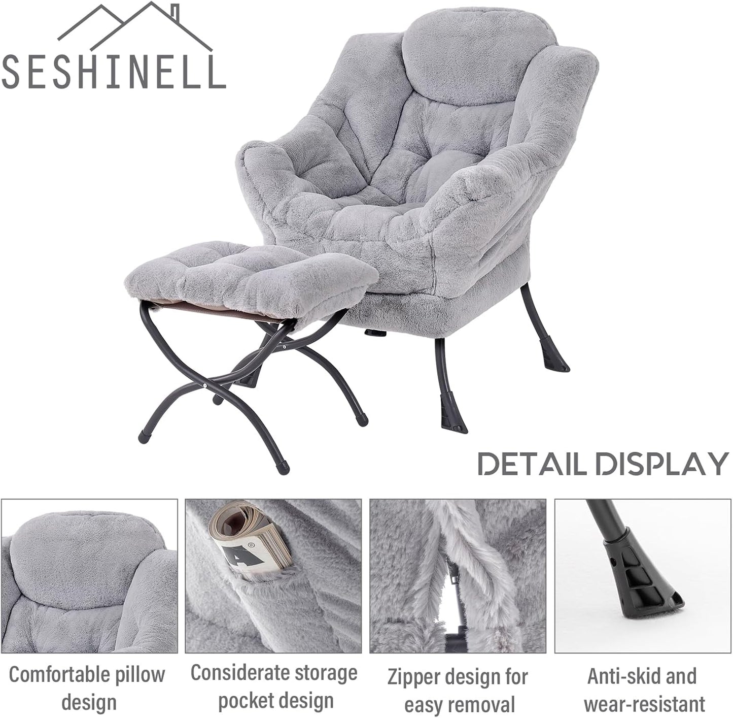 Lazy Chair with Ottoman, Modern Accent Lounge Leisure Sofa with Armrests, Reading Chair and Folding Footstool for Living Room, Bedroom, Office, Plush Grey