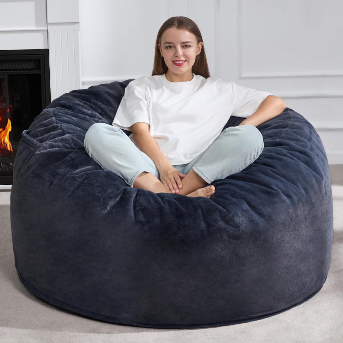Hobestluk 5ft Bean Bag Chairs for Adults Large Beanbag Chair with Plush Faux Fur Cover Big Bean Bag Chair for Living Room Bedroom Dorm Office - Dark Grey (50” x 50” x 24”)