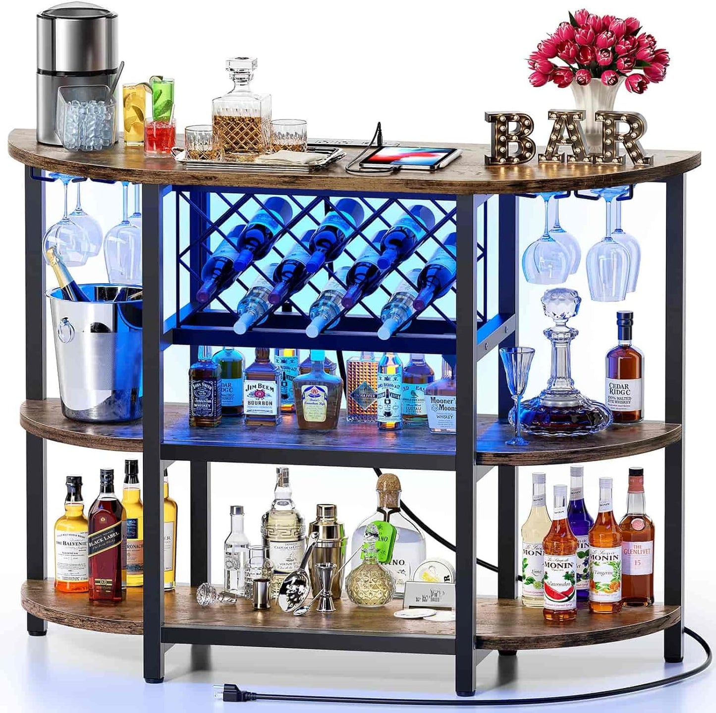 Zarler Bar Cart with Power Outlet Easy to Assemble, LED Home Bar Cabinet for Liquor, 47.3" L x 15.8" D x 36" H Metal Mini Bar Table with 4-Tier Storage, Brown
