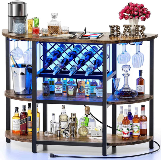 Zarler Bar Cart with Power Outlet Easy to Assemble, LED Home Bar Cabinet for Liquor, 47.3" L x 15.8" D x 36" H Metal Mini Bar Table with 4-Tier Storage, Brown