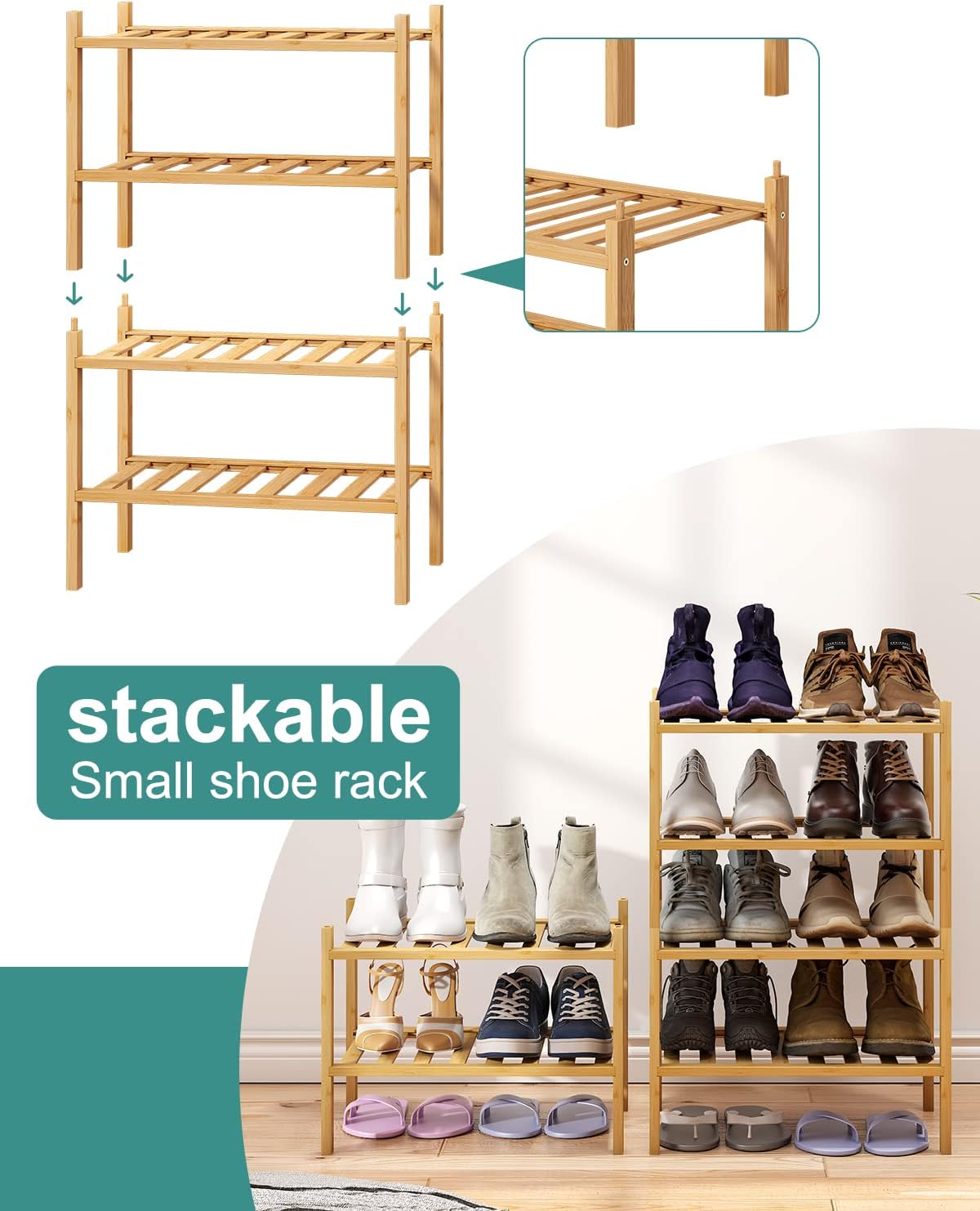 Small Shoe Rack, 4-Tier Rack for Entryway, Bamboo Wood Shoe Shelf for Closet & Hallway, Long 17 in | Beautiful | Functional | Sturdy | Durable