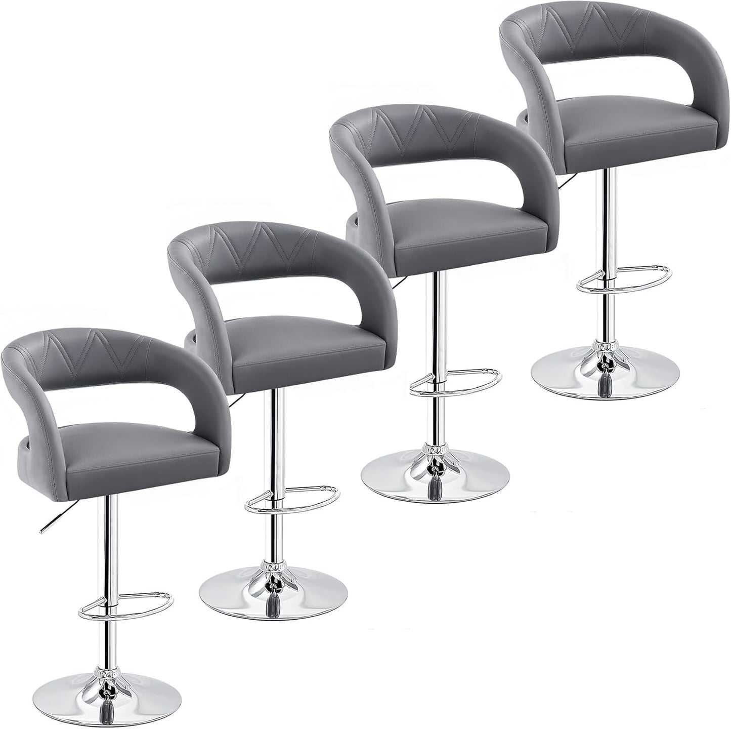 VECELO Bar Stools Set of 4 Adjustable Swivel Modern Pu Leather Barstools, Counter Bar Stools with Back and Arms, for Kitchen, Bar (Light Gray)