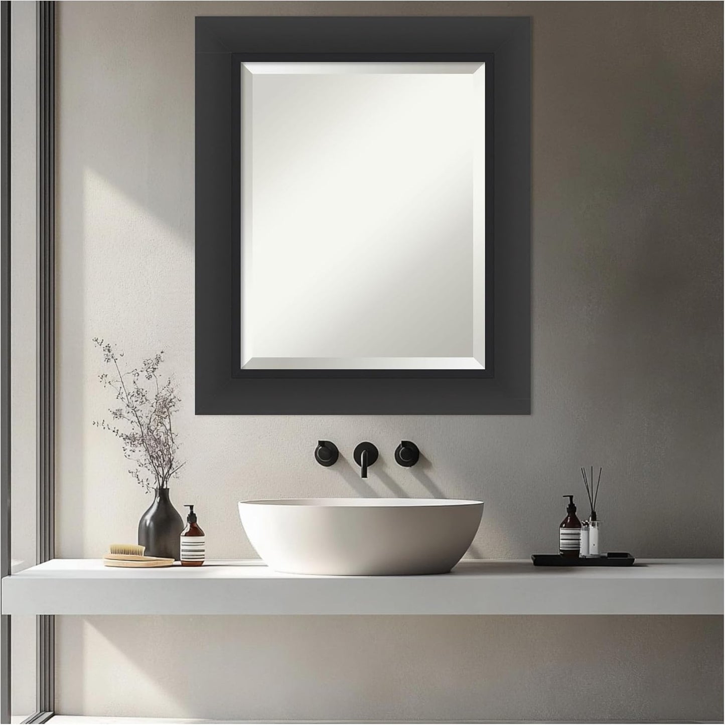Amanti Art Black Bathroom Mirror for Over Sink, 26x22 Sloped Black Rectangle Vanity Mirror, Small Modern Contemporary Frame, Hangs Horizonally and Vertically, Bathroom Wall Decor, Beveled Edge