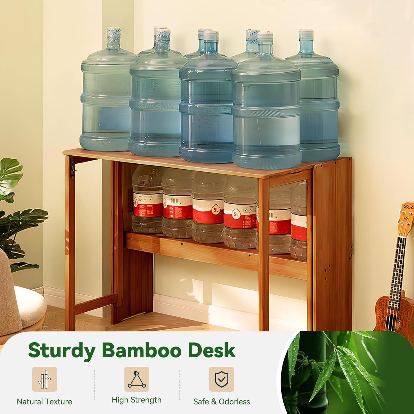 Bamboo Folding Desk Mid Century Modern Desk for Home Office Bedroom Small Spaces, Brown，40.55" Long Desktop