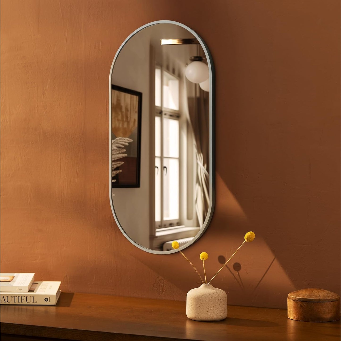 Navaris Oval Wall Mirror - 75 x 38 x 3 cm - Wall Mounted Hanging Mirror with White Rustproof Aluminium Frame - Round Mirror for Bathroom Bedroom Hallway
